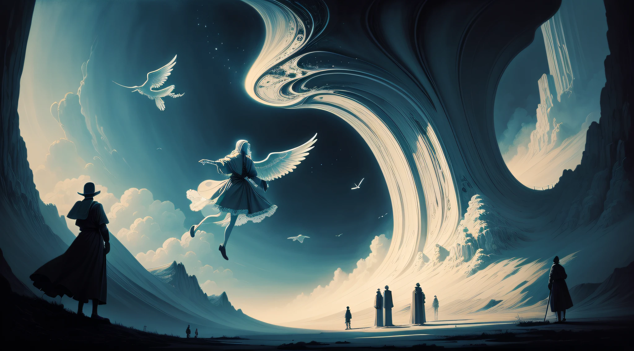 an oil painting in the style of surreal depicting ethereal pilgrims trying to fly, lineart, ink and shade