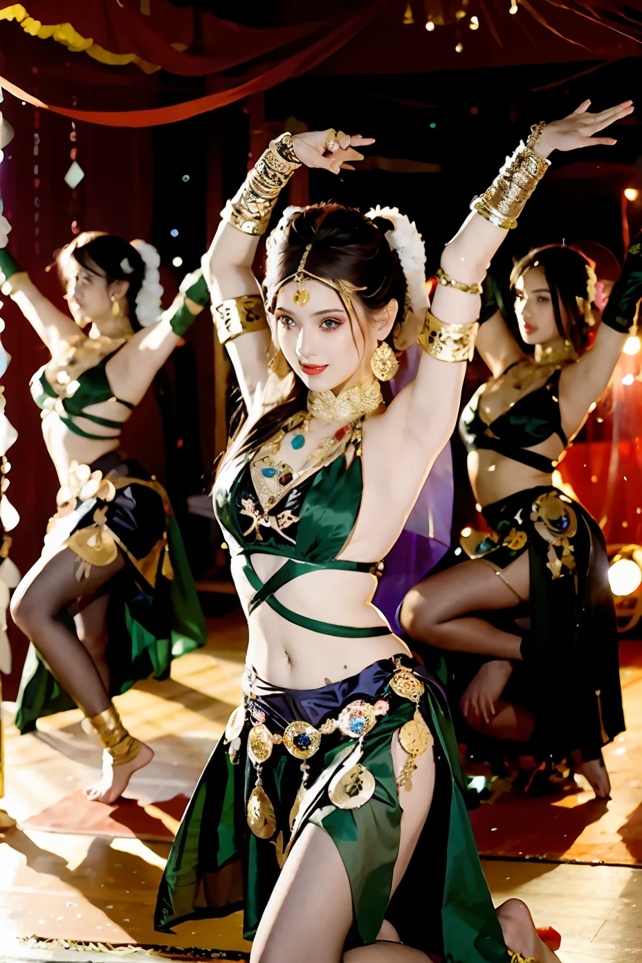 Indian dancers, traditional costumes, elegantly dressed up, in a Hindu temple, sensual dancing, celestial deities posing for the God