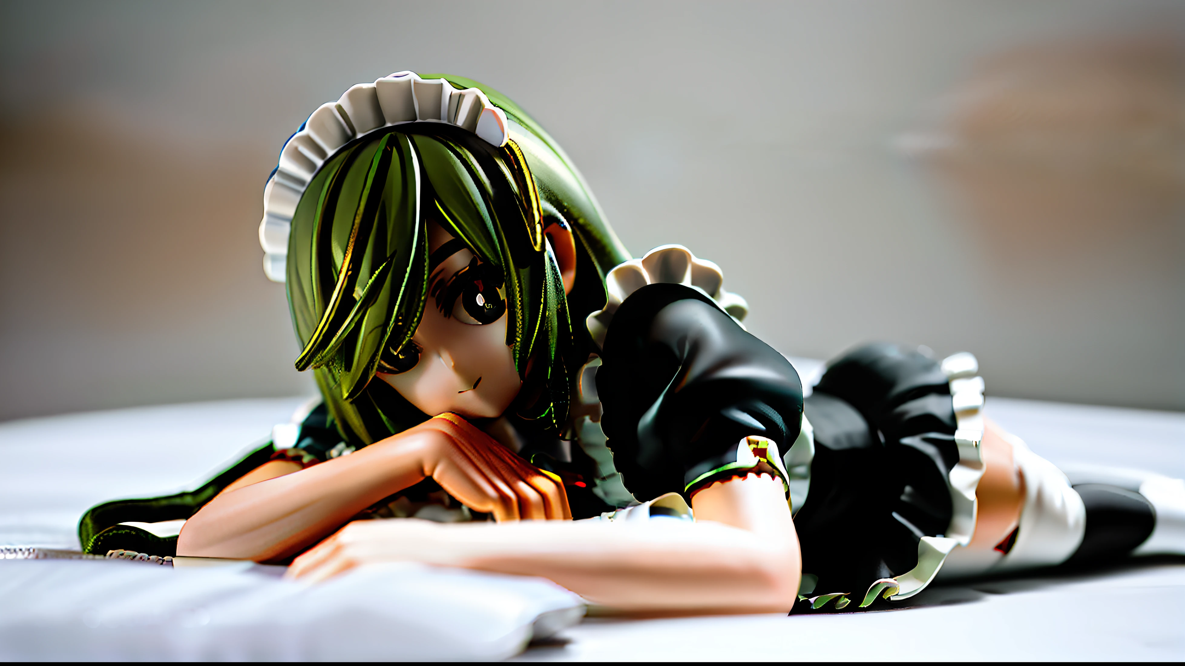 (tmasterpiece, PremiumQuality, Hyper-detailing, A high resolution)，Solo，Figures，Sparkling black eyes，Green hair+the maid outfit，White knee-length socks，Perfect eyes，Black and white gold theme，trending on pixiv，Lie down in bed