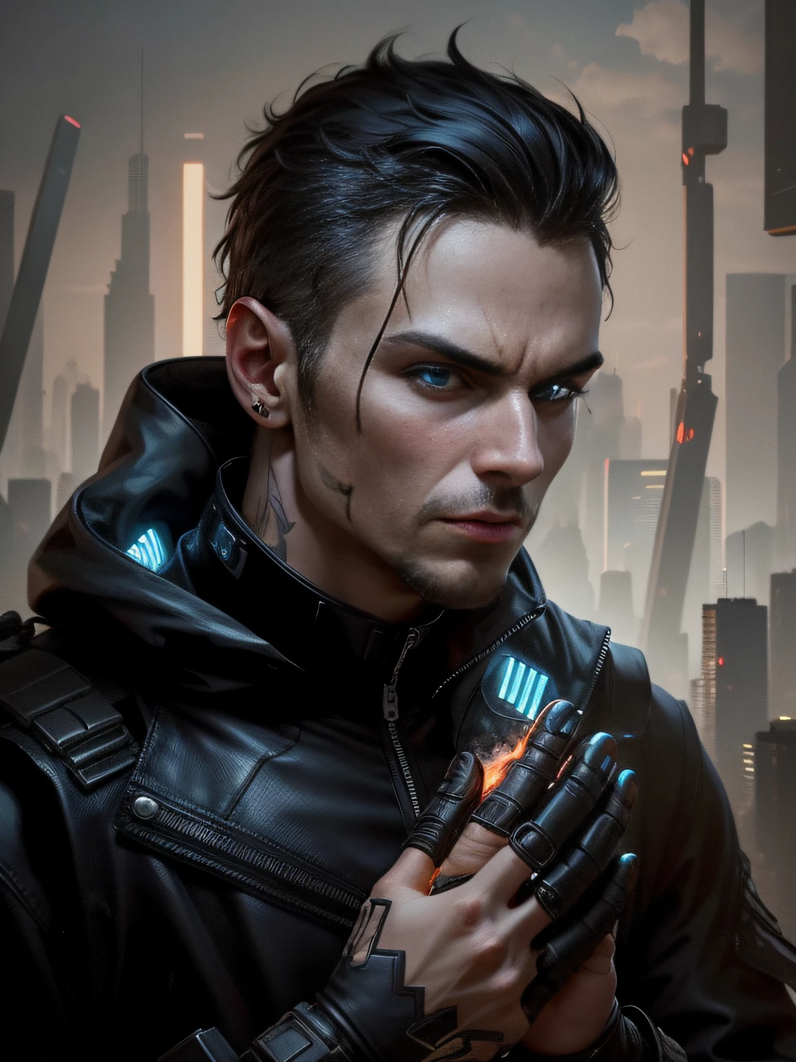 Homem, rosto cyberpunk, hands catching fire with black fire