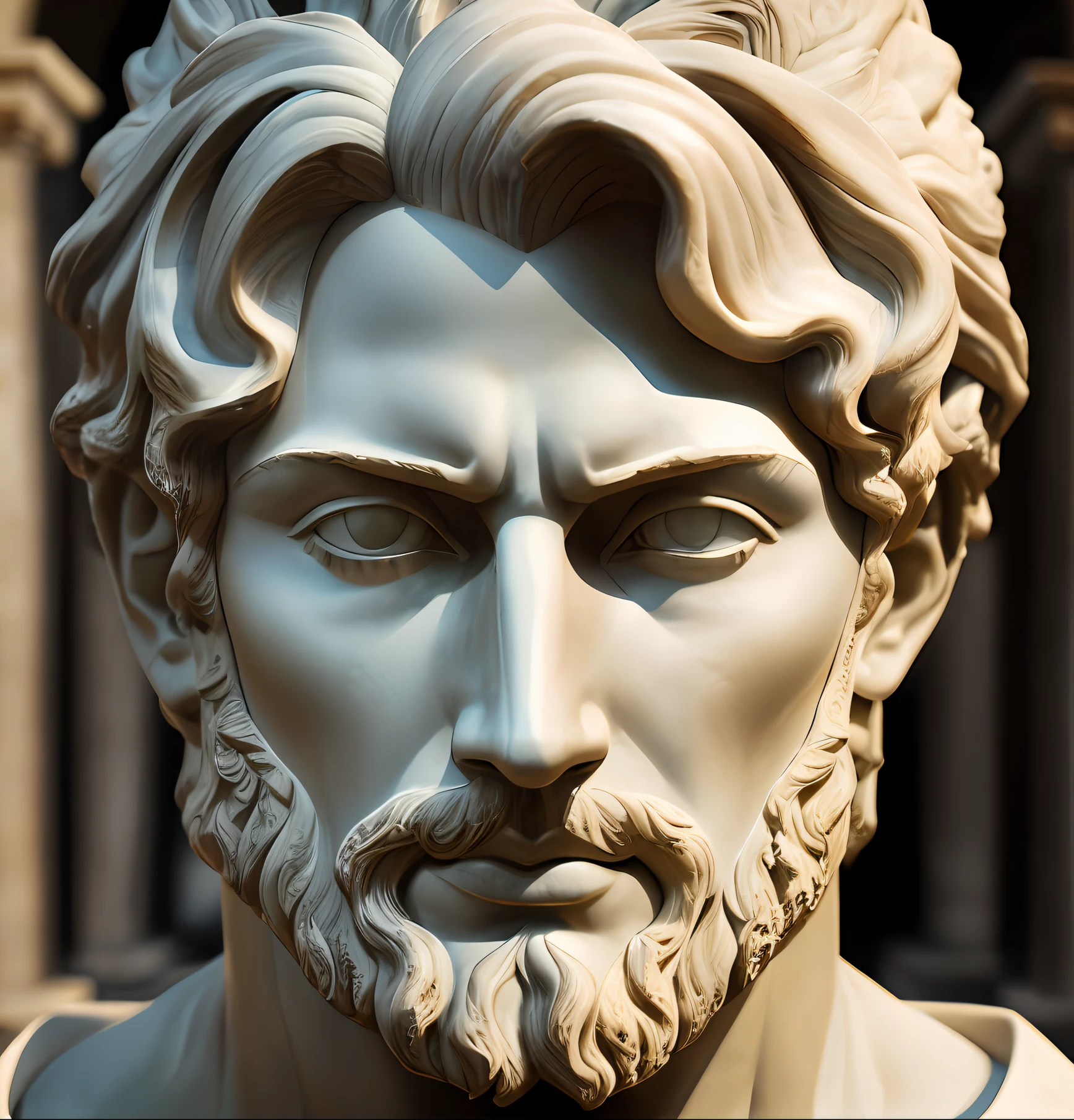 Marble portrait Sculpture of a Greek god, con rostro parecido al rey David, Rostro en un lugar destruido, mirada firme y segura, cinematography, Epic light and shadow, mucho contraste, realismo, profesional photography --auto --s2