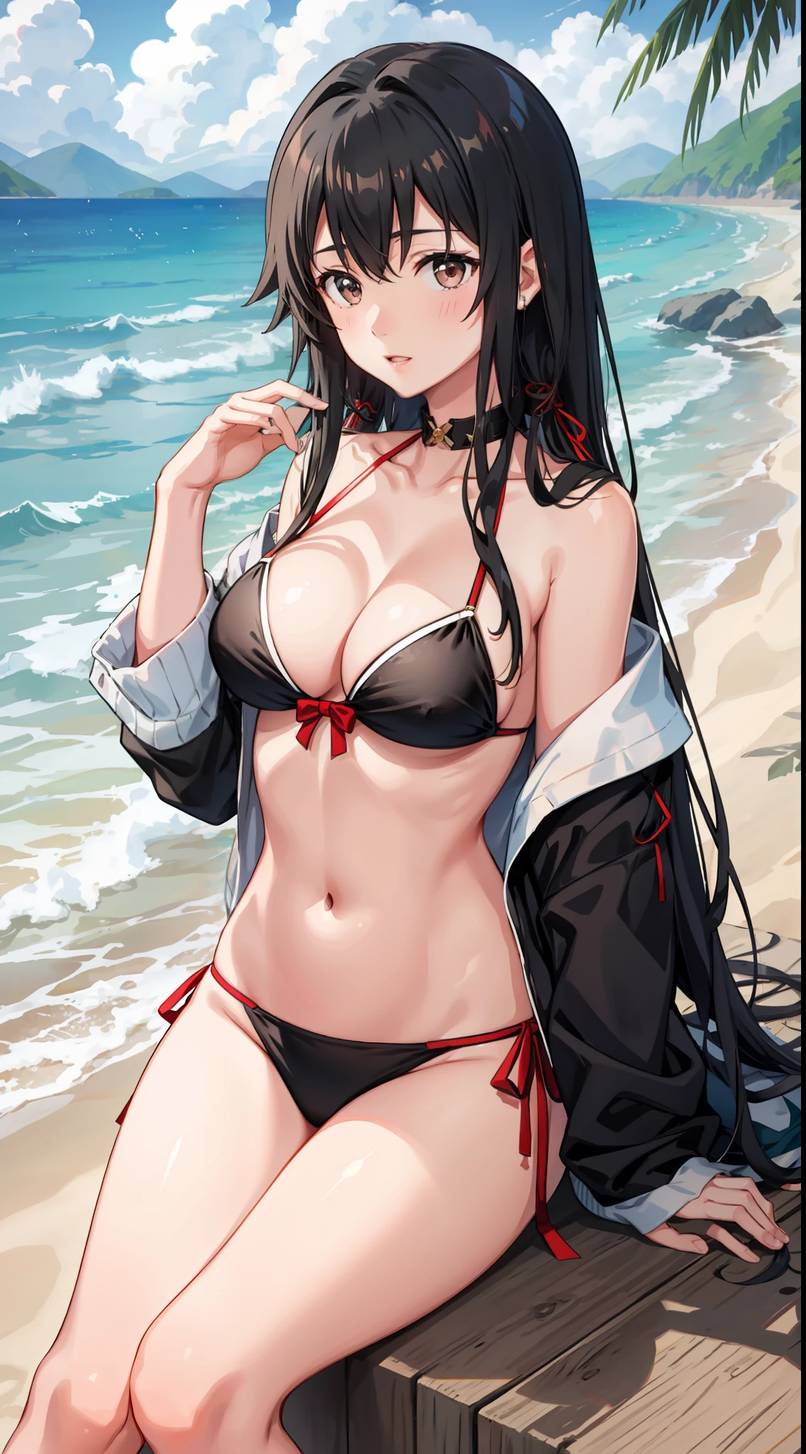 Yukino yukinoshita, long hair, medium breast, cleavage, navel, slim legs, black hair, white side tie bikini, bokeh, beach,