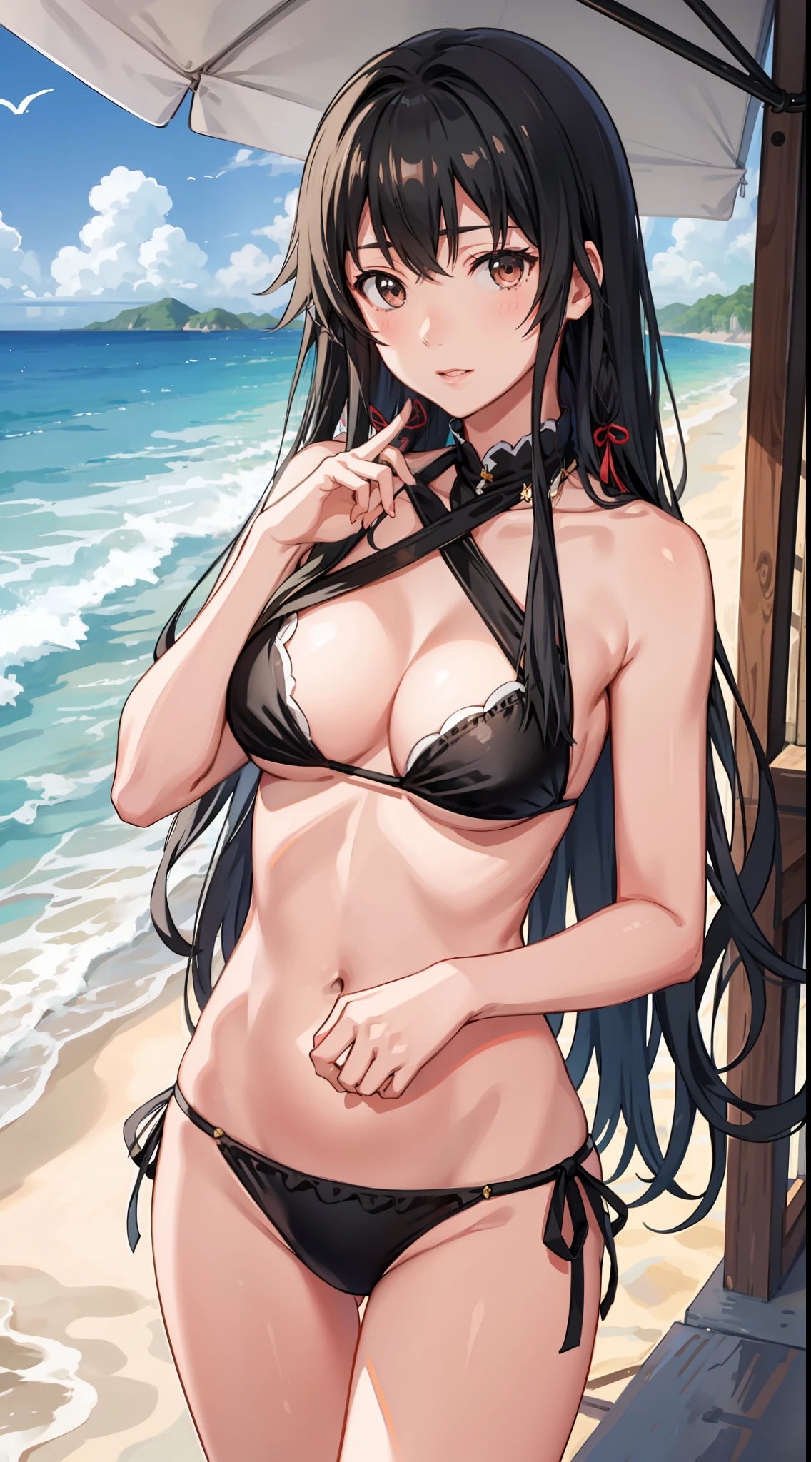 Yukino yukinoshita, long hair,  medium breast, cleavage, navel, slim legs, black hair, white side tie bikini, bokeh, beach,