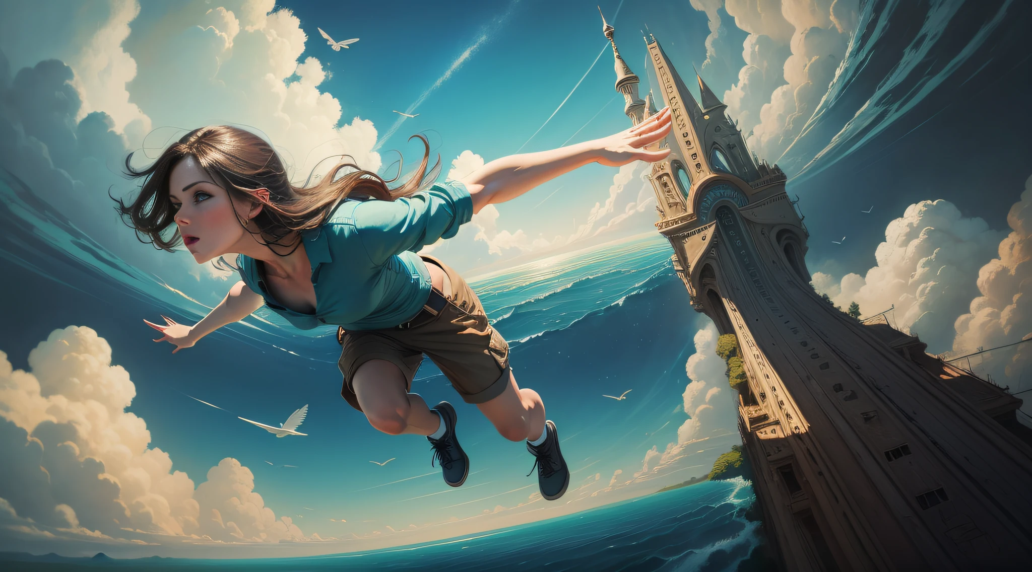 an oil painting in the style of surreal depicting humans trying to fly, dynamic pose, astonishing background