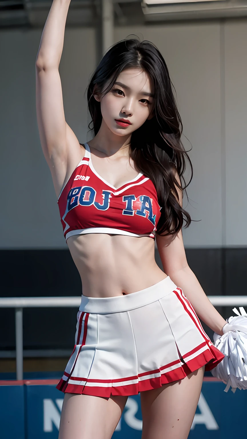 Slender Asian girl, kpop idol, ((CHEERLEADER)), ((top quality, 8k, masterpiece: 1.3)), crisp focus: 1.2, beautiful woman with perfect figure: 1.4, highly detailed face and skin texture, detailed eyes, ((skinny)), beautiful face, symmetrical face, full-length, sexy, almost naked