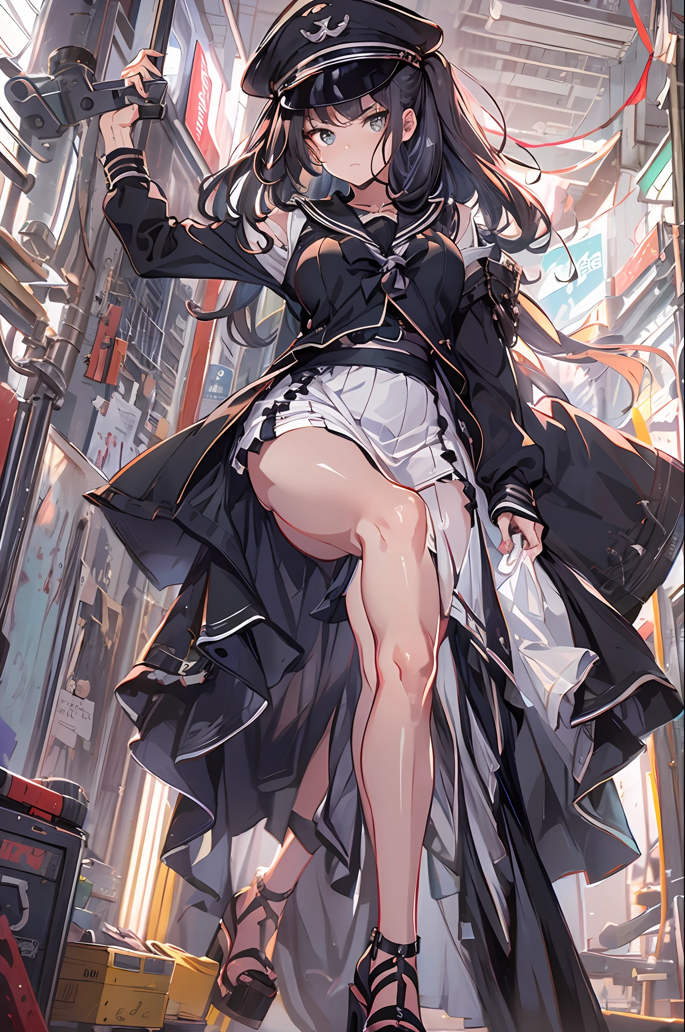 ​master piece,hyper quality, Hyper Detailed,Perfect drawing,nffsw,3D,in 8K,1 persons、a beauty girl,cabelos preto e longos、Black sailor suit, pleatedskirt(Maxi skirt:1.3), standing with hands in her pockets, ((Glaring at me sharply, Condescending look from above)), long eyelashes, Slum、harems、(High heel sandals)、Dark eyeliner、Outrage、beatiful backgrounds、Detailed drawing、Accurate drawing、Anatomy of the human body、(((Shot from diagonally below)))、dignity、domination、Strong surface