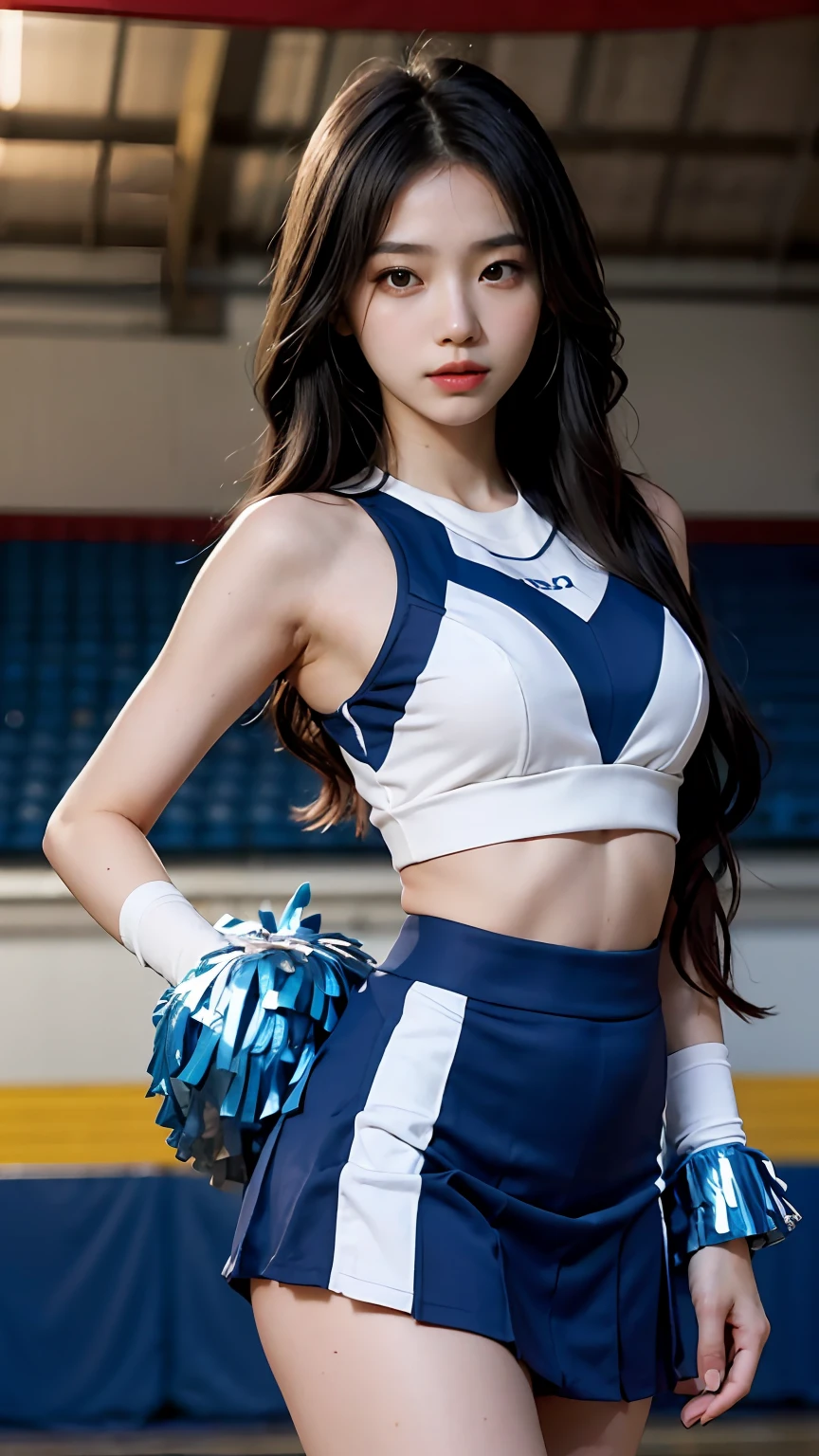 Slender Asian girl, kpop idol, ((CHEERLEADER)), ((top quality, 8k, masterpiece: 1.3)), crisp focus: 1.2, beautiful woman with perfect figure: 1.4, highly detailed face and skin texture, detailed eyes, ((skinny)), beautiful face, symmetrical face, full-length, sexy, almost naked