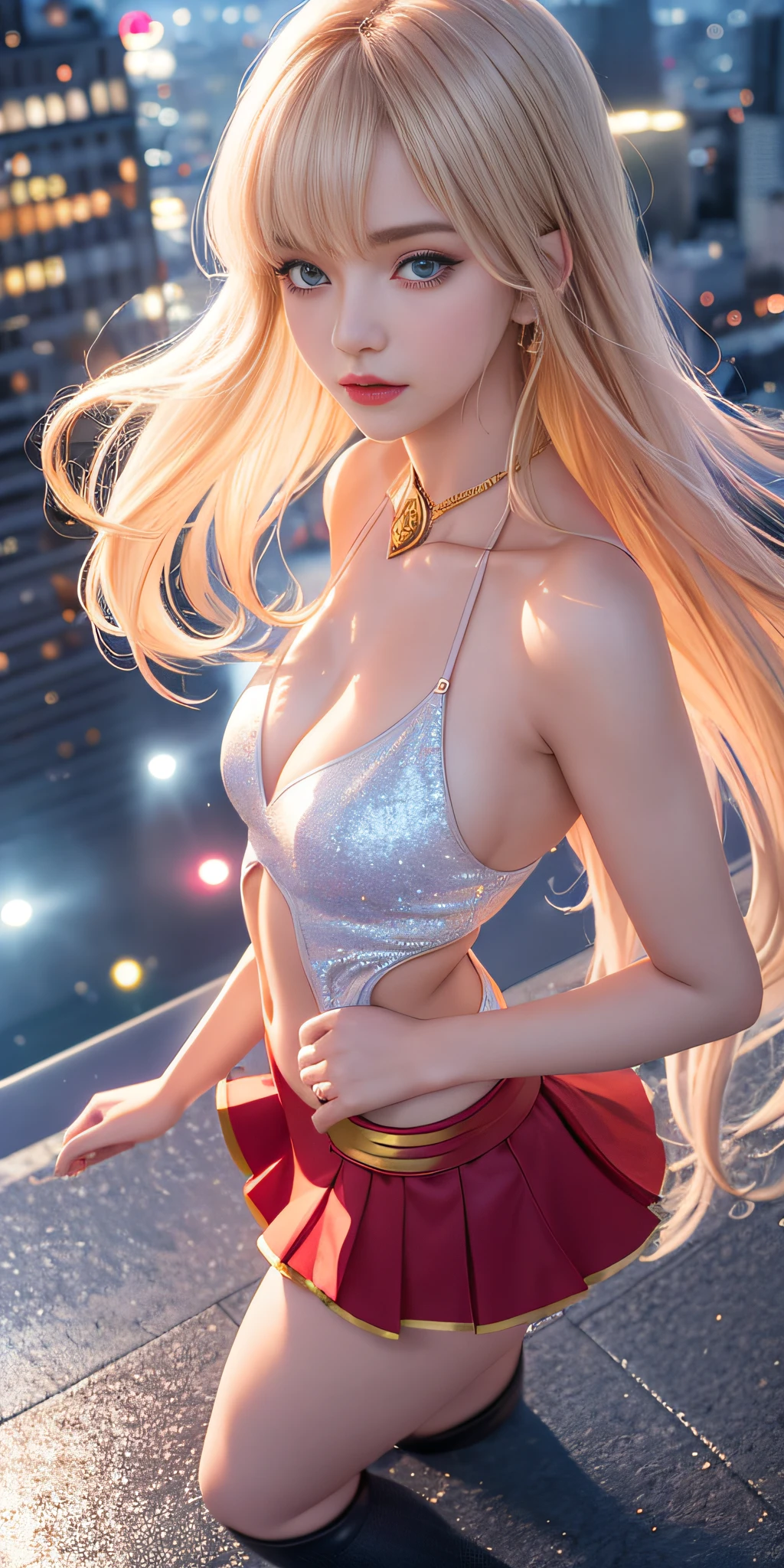 Anime style, (superman girl), insanely beautiful Alina Gorokhova portrait photo, 21 years old, full body, top angle, body curves, navel, miniskirt, smooth creamy skin, beautiful maroon eyes, Beautiful facial details, ((Manhattan background) )), low angle medium shot, greedy and attractive, amazingly euphoric gorgeous, vivid emotion, peach fluff, symmetrical circular iris, natural Glitter makeup, detailed moisture, detailed droplets, detailed intricate hair strands, DSLR, reflected in raytraced, Pino Deni, Larry's Bud Melmann, symmetrical face and body, CGsociety, Gottfried Hernwein and Irakli Nadal, eye reflections, focus, Unreal Engine 5, VFX, film photography, extreme detail, Ultra HD, post-processing, post-production, single face, Tanvir Tamim, ultra-realistic photography, Shot with Hasselblad X1D-50c, ISO 100