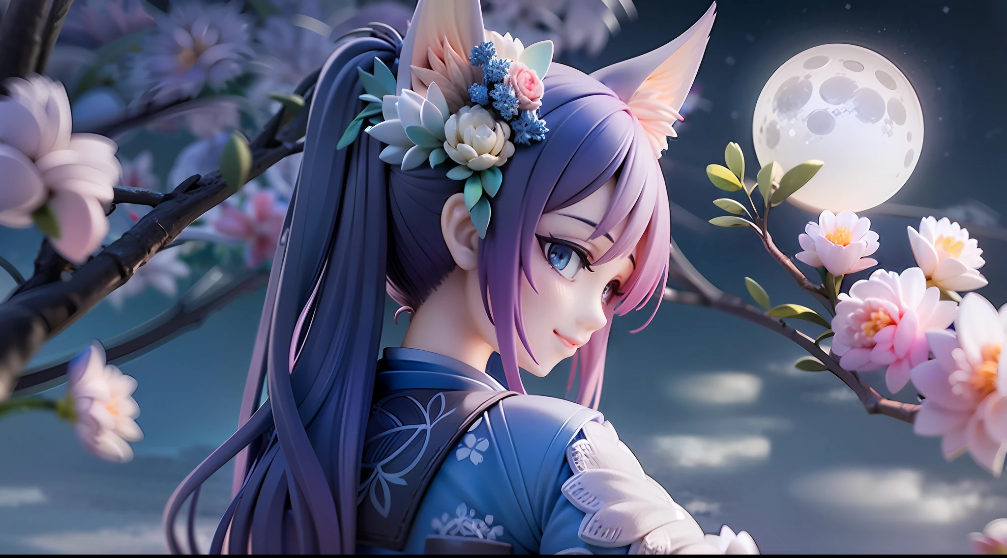 1girl, cat ears, cat tail, long blue hair, beautiful bright blue eyes, smiling, kimono, standing under a night sky with a full moon, surrounded by blue roses, [realistic], [3d], (8k, RAW photo, best quality, masterpiece:1.2), ultra high res, photo realistic, professional lighting, detailed lighting, professional photography, high quality, high res, extremely detailed, bloom, depth of field, sketch, sharp focus, soft lighting, detailed, detailed skin, to8contrast style.