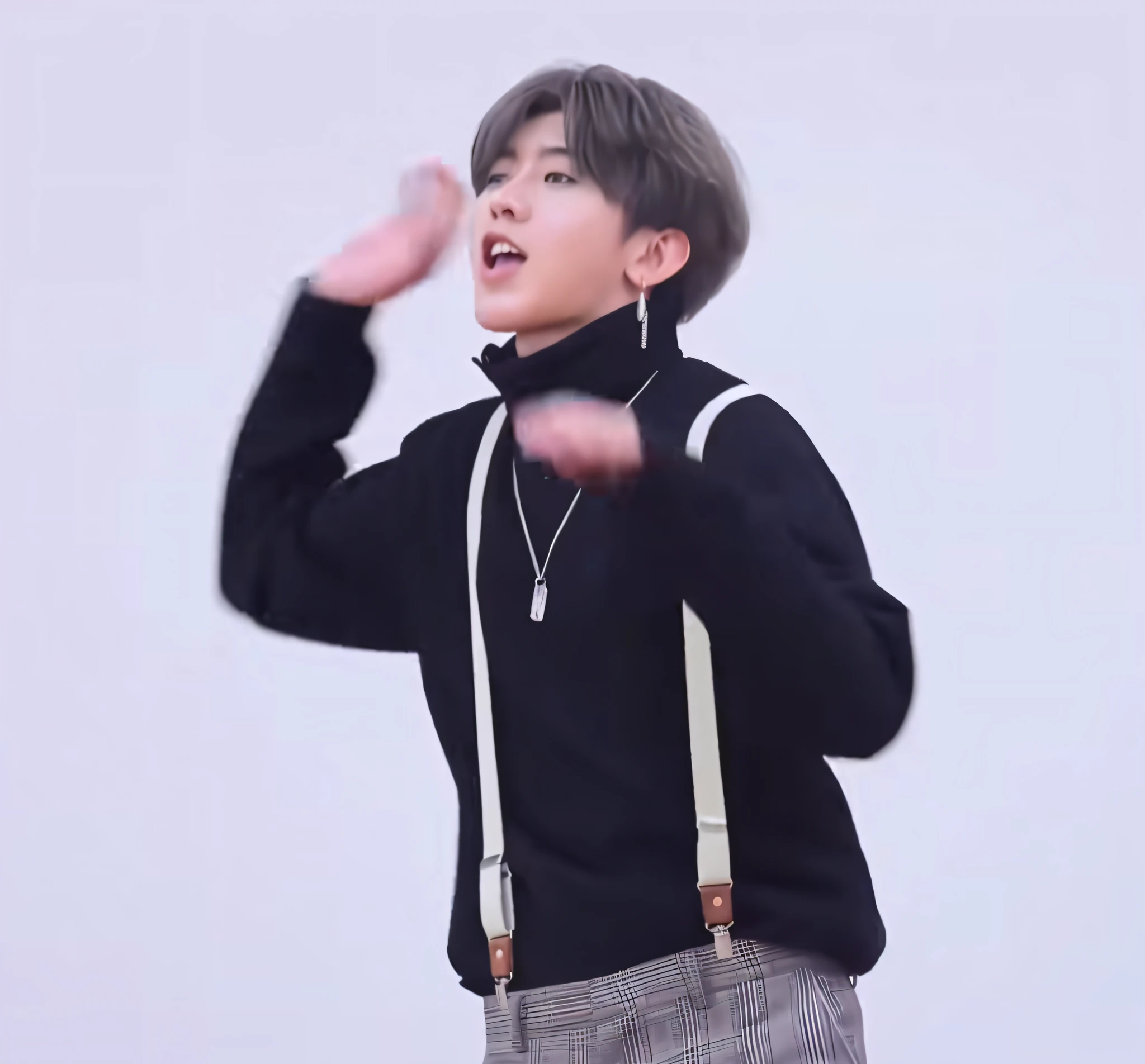 high high quality，Arafard image of a boy in a black sweater and suspenders, Cai Xukun, yanjun cheng, Inspired by Song Maojin, he is dancing, Inspired by Bian Shoumin, jungkook, taehyung eating gucci fries, he is wearing a brown sweater, holding his hands up to his face, inspired by Kun Can, wearing a turtleneck and jacket