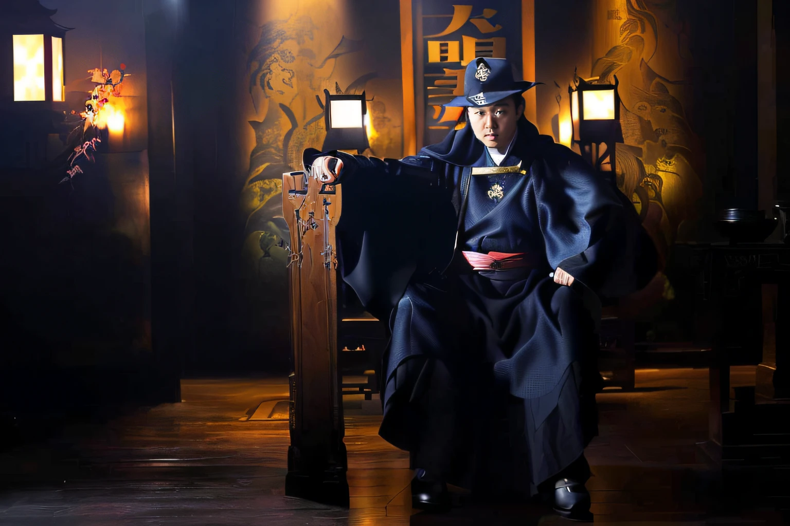An Aalfid man wearing a black robe and hat，Holding a black cloak, ja mong, iu lee ji-eun as a super villain, 张艺谋 in the mood of, park shin hye as a super villain, full-body wuxia, live-action movie scenes, grand master, still from live action movie, Wuxia, inspired by Gu An, jin shan