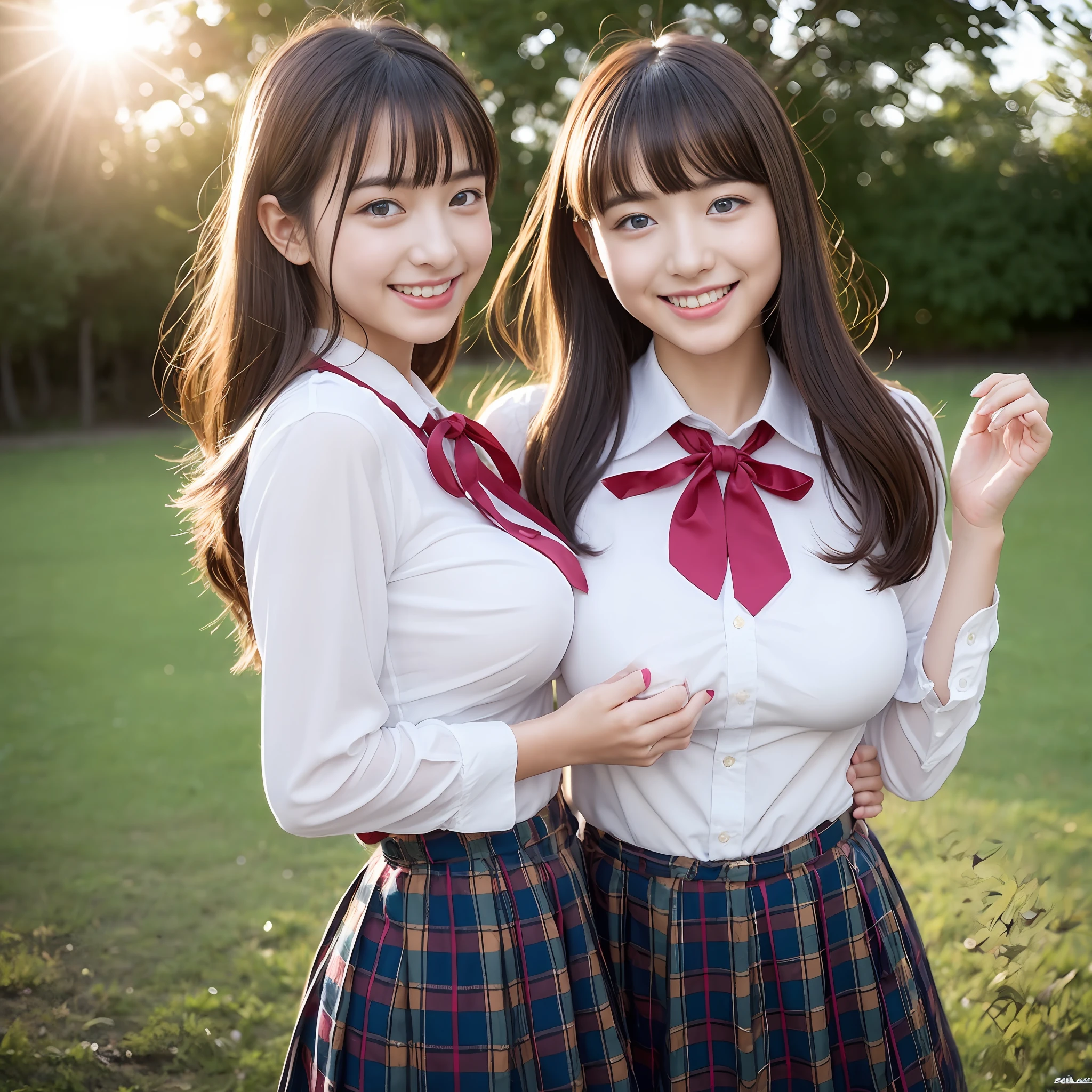 (top-quality、​masterpiece)、(Realistic lighting with shadows)、huge filesize、hight resolution、elegent、realisitic、intricate detailes、(Perfect anatomical depiction of the human body)、1 girl with super huge breasts、((Miraculous super huge breasts))、She is a teenage girl、Beautiful bright blue eyes with glowing highlights、Attractive little lips without lipstick、It's a brunette dancing in the wind, Her hair shines in the limelight of the sun、 Eta、She is a schoolgirl summer outfit、Crimson ribbon tie and neat white blouse、And wearing a blouse that is too cramped for her super huge breasts。Skirt is pleated mini tartan plaid、Although the girl's breasts are not exposed at all、Very big breasts、It turned out to be a very beautiful school goddess。、The photo taken from the front is、It's a smile like a pretty flower.