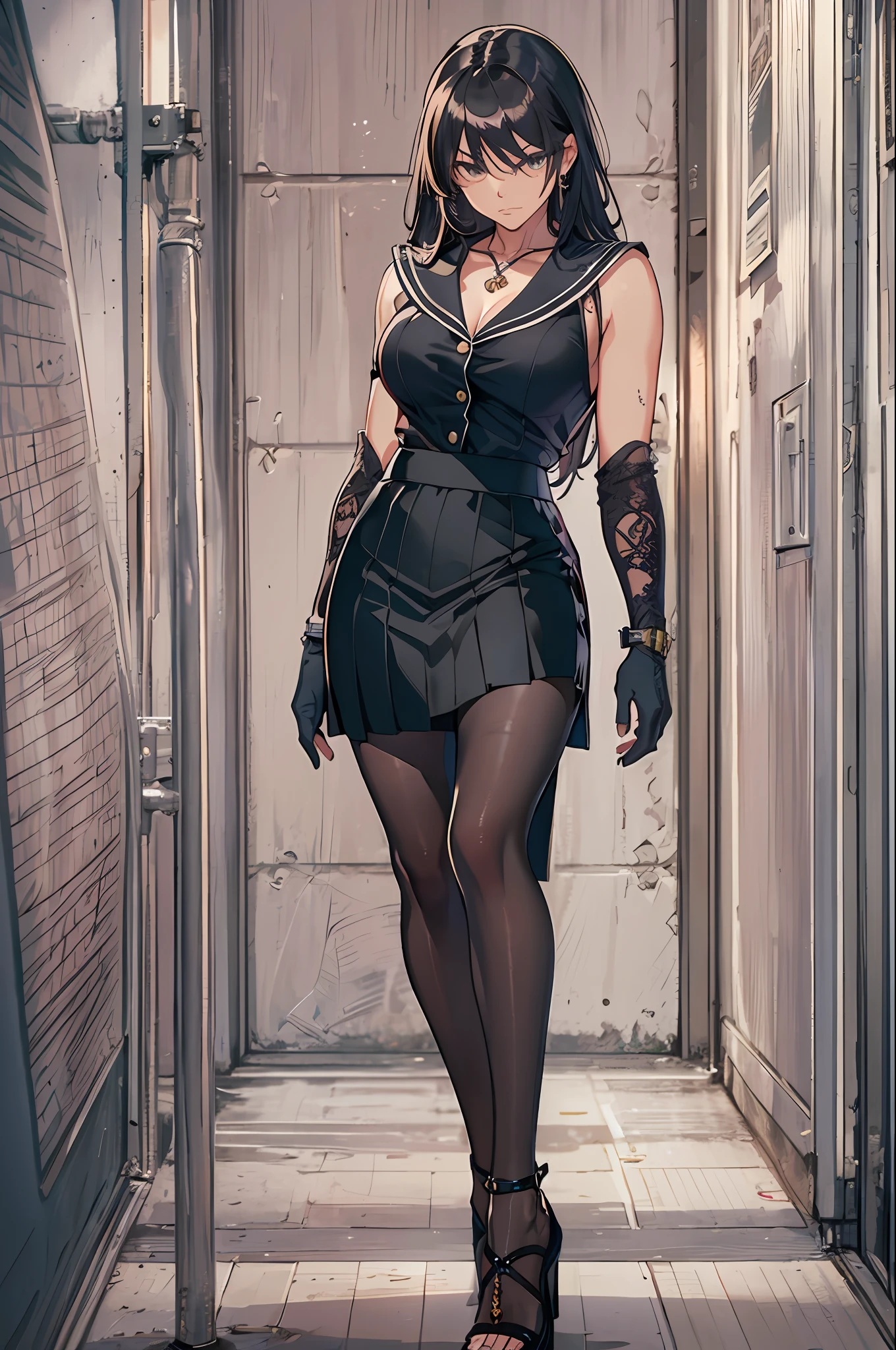 master piece,hyper quality, Hyper Detailed,Perfect drawing,nffsw,3D,in 8K,1 persons、a beauty girl,cabelos preto e longos、Black sailor suit, pleatedskirt(Maxi skirt:1.3), standing with hands in her pockets, ((Glaring at me sharply, Condescending look from above)), long eyelashes, Slum、harems、(High heel sandals)、Dark eyeliner、Outrage、beatiful backgrounds、Detailed drawing、Accurate drawing、Anatomy of the human body、(((Shot from diagonally below)))、dignity、domination、Strong surface