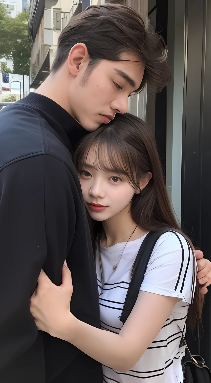 22 YEAR OLD HANDSOME MAN, and his girlfriend, his girlfriend covered the man's face with her hand, real life, in City ,dayniht