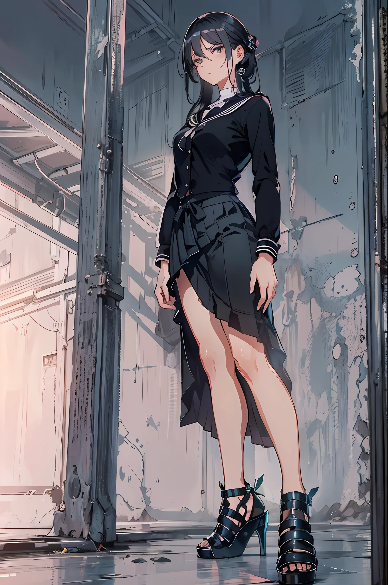 master piece,hyper quality, Hyper Detailed,Perfect drawing,nffsw,3D,in 8K,1 persons、a beauty girl,cabelos preto e longos、Black sailor suit, pleatedskirt(Maxi skirt:1.3), standing with hands in her pockets, ((Glaring at me sharply, Condescending look from above)), long eyelashes, Slum、harems、(High heel sandals)、Dark eyeliner、Outrage、beatiful backgrounds、Detailed drawing、Accurate drawing、Anatomy of the human body、(((Shot from diagonally below)))、dignity、domination、Strong surface