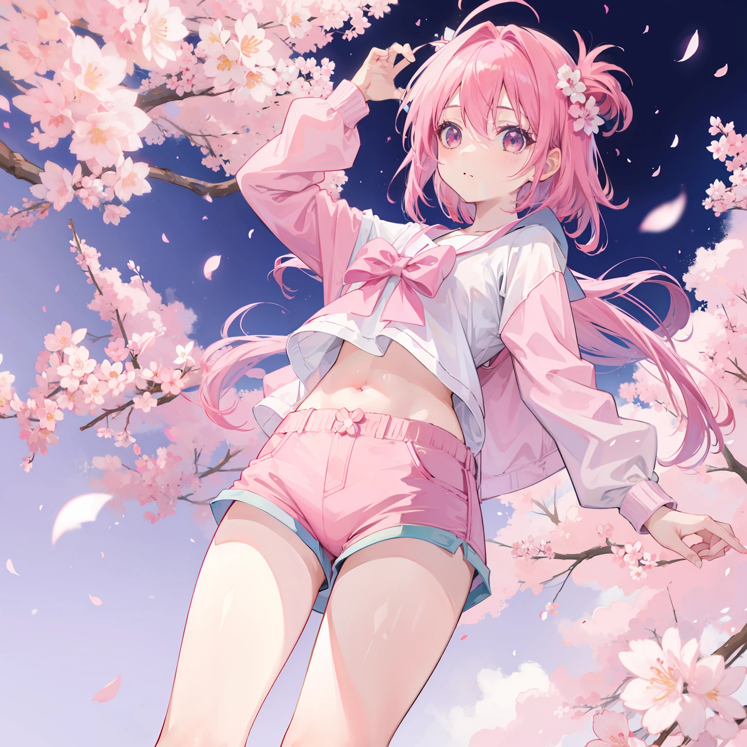 Anime girl with pink hair and blue shorts doing a piece,sakura petals around her,pink back ground