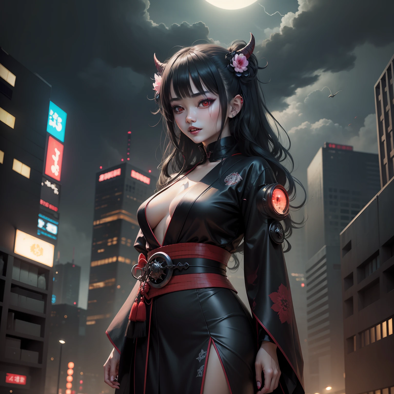 "Realistic, highly detailed face of a Japanese girl with demon eyes, demon teeth, dark lips, and a beautiful face."