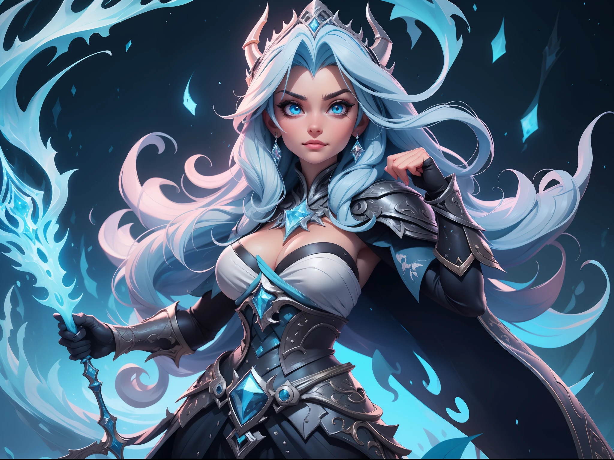 Elsa-Lich King Fusion, Cabelos brancos da Elsa, Roupas do Lich King, particulas de gelo, melting, 1girl, Beautiful, (master part:1.2), (melhor qualidade:1.2), ((pose de luta)), ((campo de batalha)), cinemactic, olhos perfeitos, pele perfeita, perfect lighting, sorrir, luz, cor, pele texturizada, detalhe, Beleza, maravilha, ultra-detalhado, rosto perfeito
