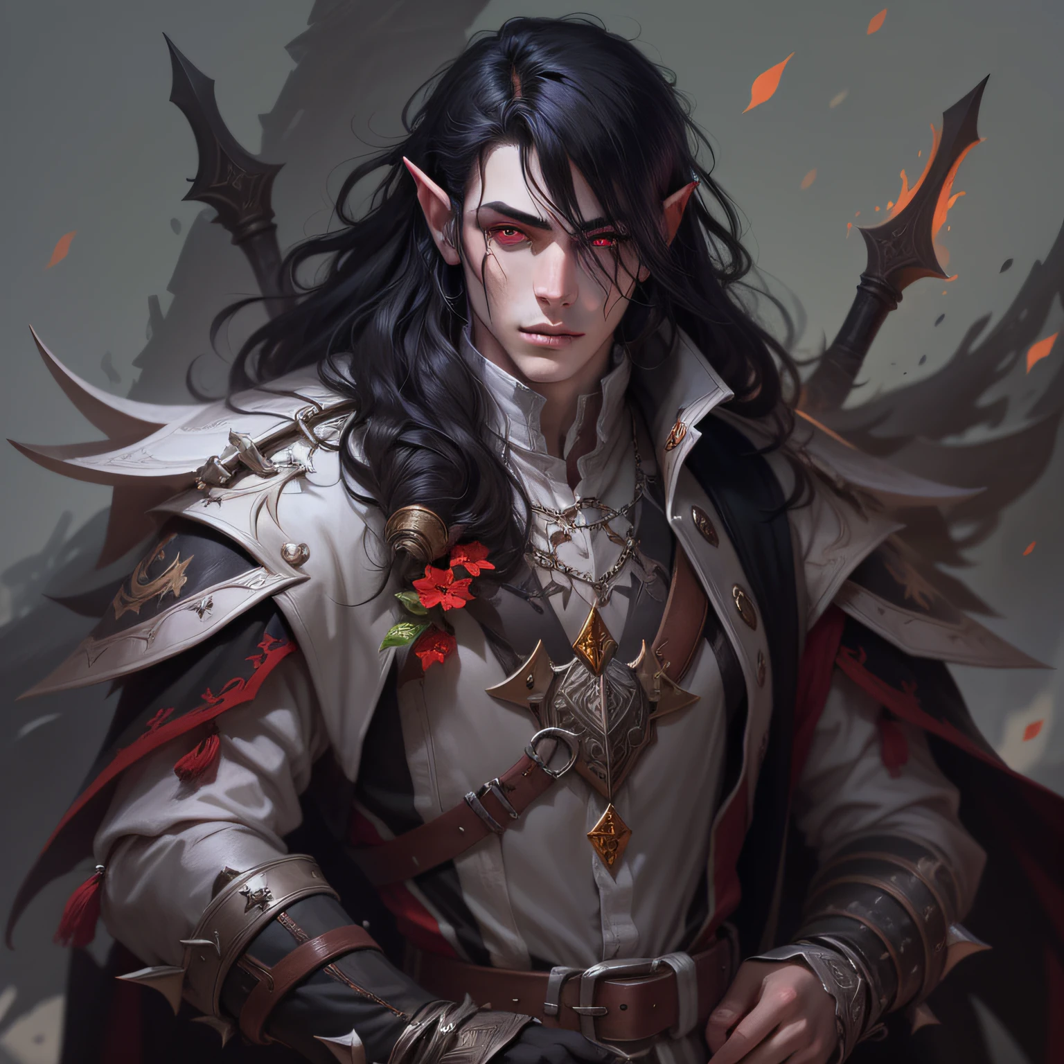 male hexblade warlock, pale skin elf with black hair and red eyes, dungeons and dragons character@Fm
