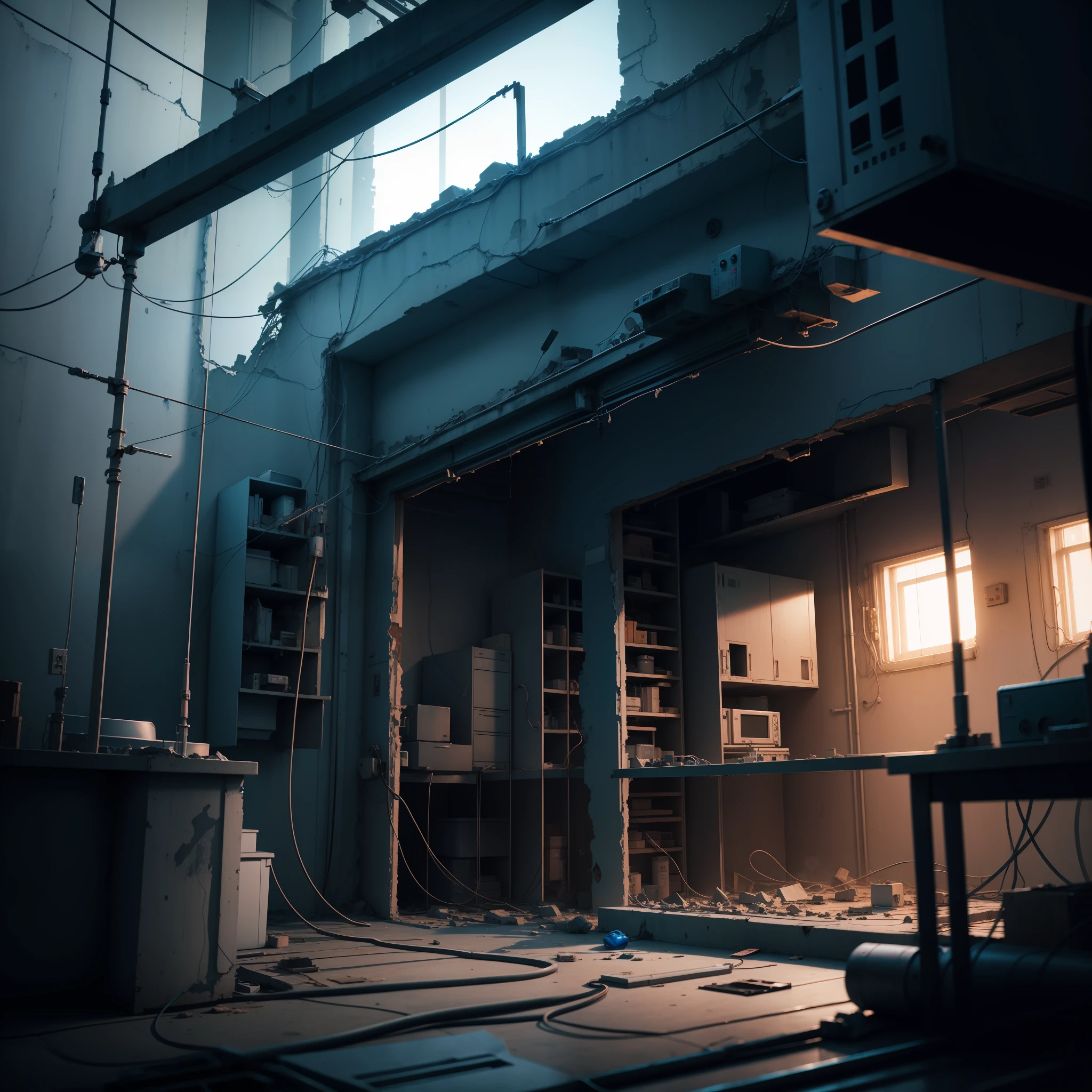 LABORATORY, DESTROYED, AT NIGHT, CABLES ON TOP, CLOSED PLACE, BLUE SHADES, FILM LIGHT, HD, REALISTIC 3D, film