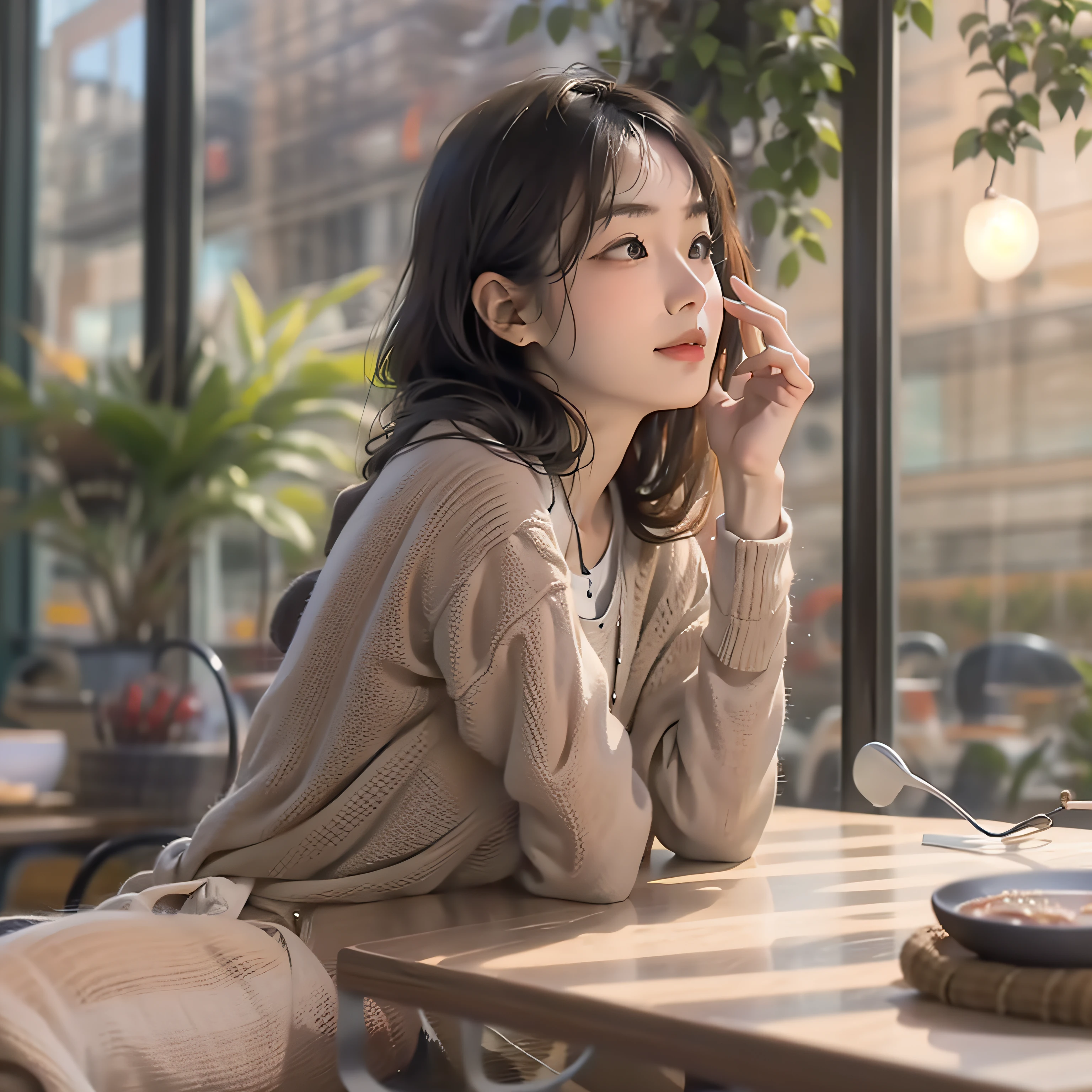 there is a woman that is sitting in front of a table, Beautiful woman in her 20s,（Soft smile）,A smile,thinking pose, thoughtful expression, A well-thought-out vision, Thoughtful ), thoughtful pose, Thoughtful, sidewayglance, A young Asian woman, pensive expression, sitting in a café, Young Asian woman, cute young woman, she has a distant expression, profile pose, best qualtiy，extremely detailed CG unity 8k wal，电影灯光，ssmile，