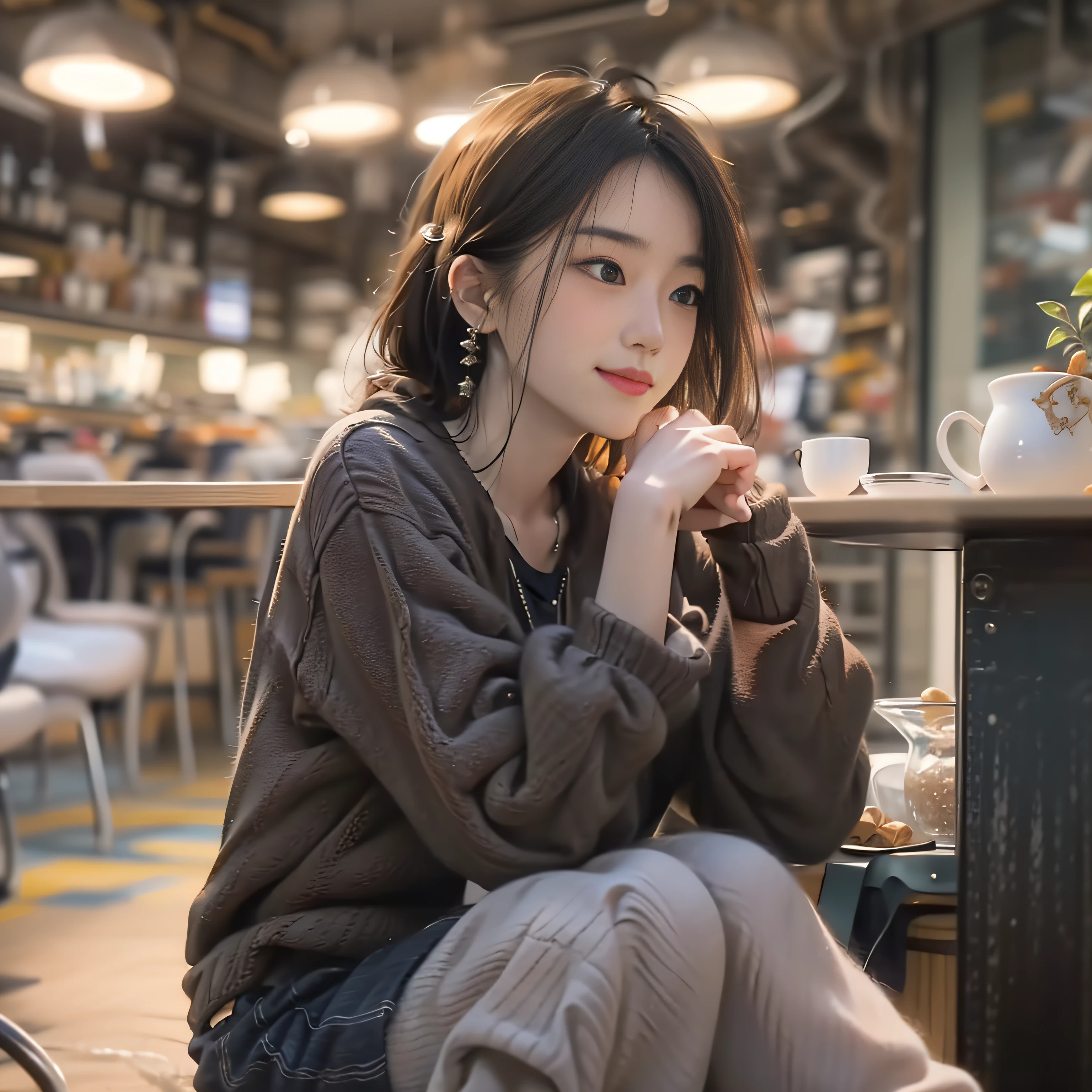 there is a woman that is sitting in front of a table, Beautiful woman in her 20s,(Soft smile),A smile,thinking pose, thoughtful expression, A well-thought-out vision, Thoughtful ), thoughtful pose, Thoughtful, sidewayglance, A young Asian woman, pensive expression, sitting in a café, Young Asian woman, cute young woman, she has a distant expression, profile pose, best qualtiy,extremely detailed CG unity 8k wal,电影灯光,ssmile,