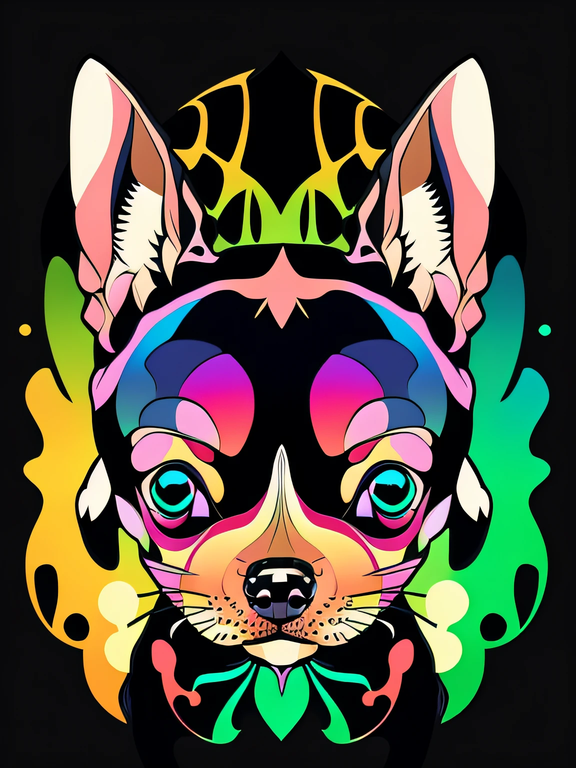 Vector-art of a (chihuahua in rainbow colors with a geometric twist: 1.3). Use geometric shapes and patterns to compose the chihuahua's body and fur, incorporating the various colors of the rainbow seamlessly into the design, (ultradetailed eyes: 1.2). Play with angles and lines to create a dynamic and visually intriguing artwork. You can add a bold and contrasting background to make the chihuahua stand out even more. This style should be contemporary and eye-catching, isolated, black background, in the style of 0mib