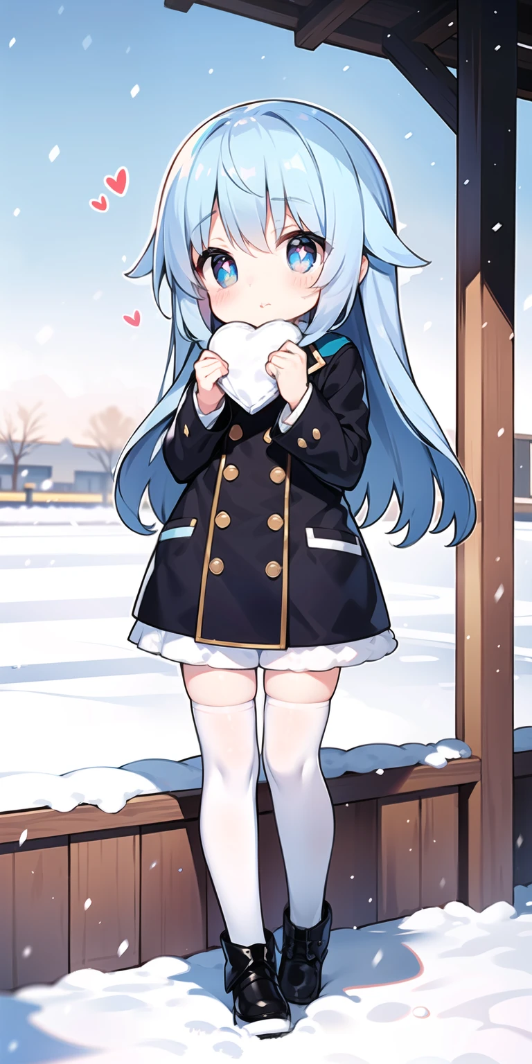 Small ,long whitr hair,adolable,heart - shaped pupils,blue hair,Be red in the face,Winters,nevando,exteriors,standing on your feet,white stockings,solo