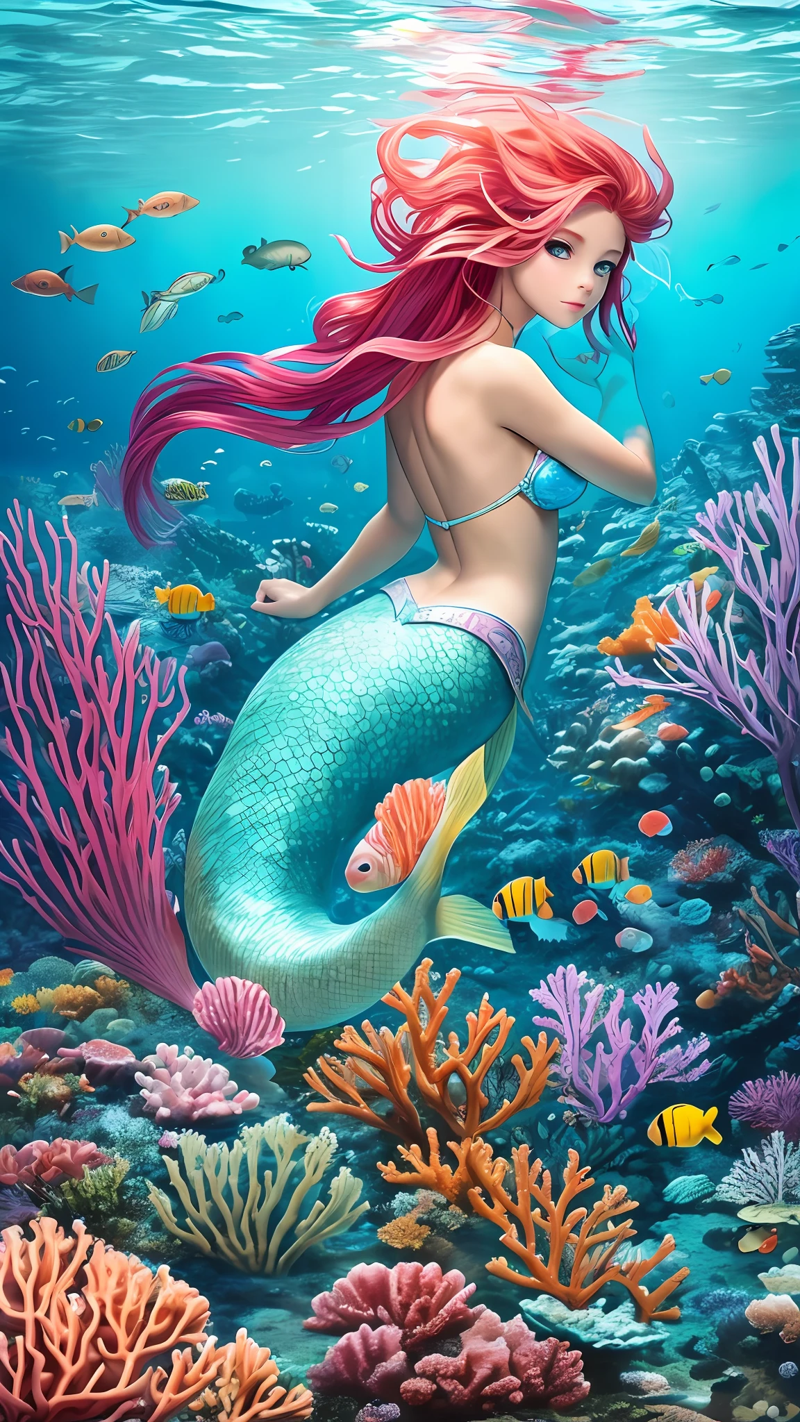 "Deep in the ocean, an underwater kingdom thrives. Mermaids ride seahorses, and colorful coral reefs stretch as far as the eye can see. --auto --s2