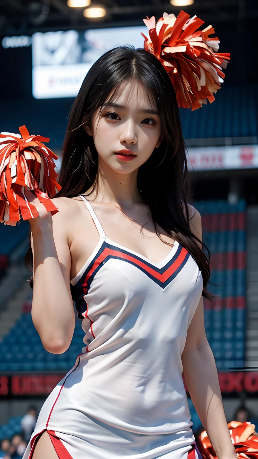 Slender Asian girl, kpop idol, ((CHEERLEADER)), ((top quality, 8k, masterpiece: 1.3)), crisp focus: 1.2, beautiful woman with perfect figure: 1.4, highly detailed face and skin texture, detailed eyes, ((skinny)), beautiful face, symmetrical face, full-length, sexy, almost naked