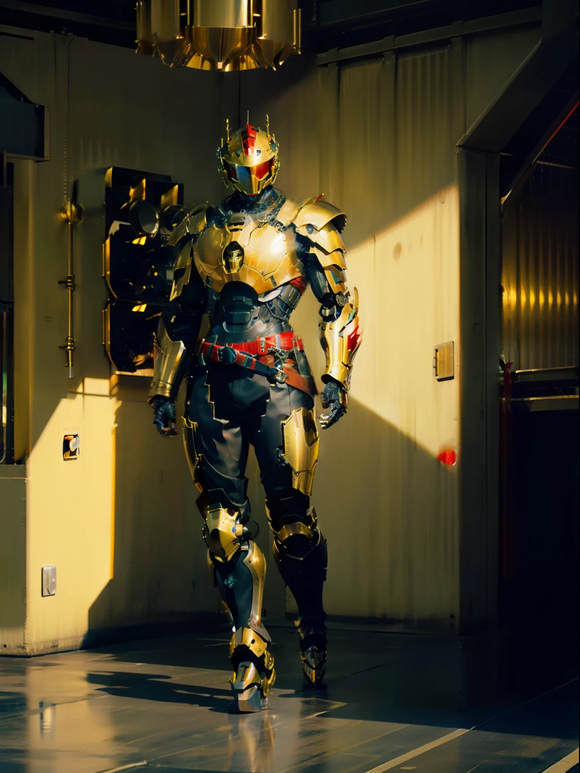 golden armour，Red mechanical compound eyes，Broad-shouldered armor，Metal belt，Full body mecha，Green decoration，red color eyes，Huge metal band