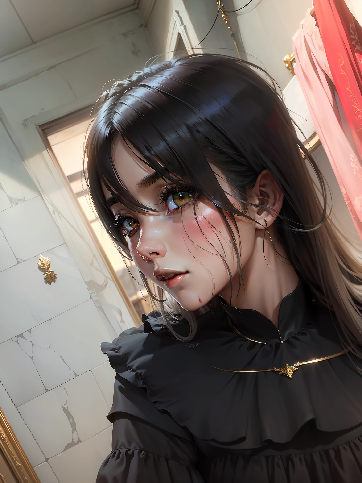 Side anime girls，high high quality，tmasterpiece，Delicate portrayal of facial features，Delicate hair portrayal，dingdall effect，Gorgeous Light and Shadows，Halo，messy  hair，choker necklace，Gorgeous scene，Handsome and childish face，美丽细致的眼睛，Gemstone Eye，Golden eyes，Green eyes，opulent，beatiful background，intricate detailed clothes，choker necklace，ear jewelry，A little splash of blood，A strand of white hair