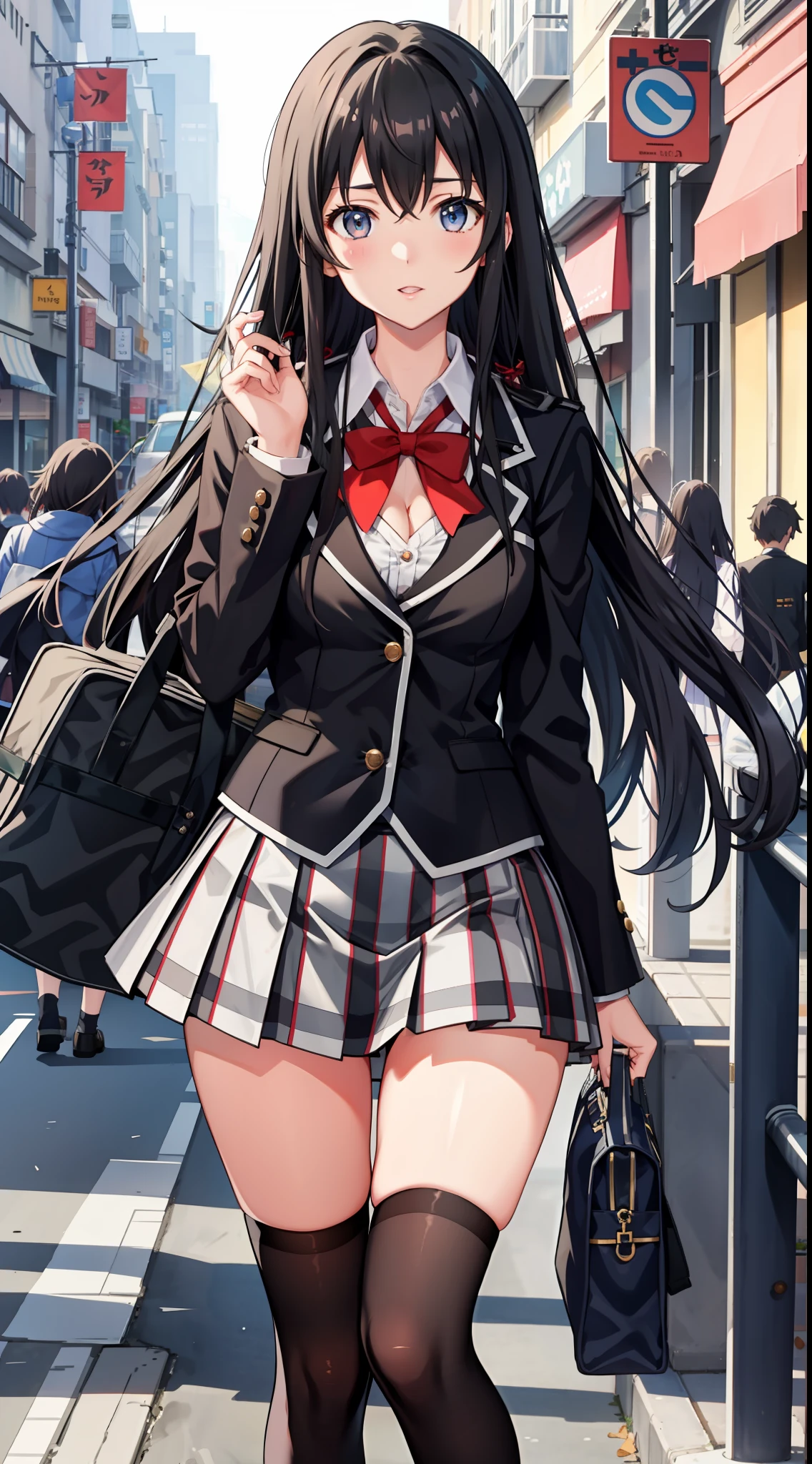 Yukino yukinoshita, long hair, medium breast, cleavage, navel, slim legs, black hair, blue eyes, short skirt, school uniform, thigh high socks