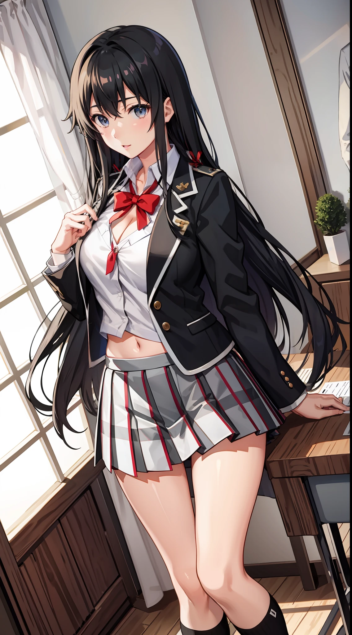 Yukino yukinoshita, long hair,  medium breast, cleavage, navel, slim legs, black hair, blue eyes,  short skirt, school uniform, thigh high socks