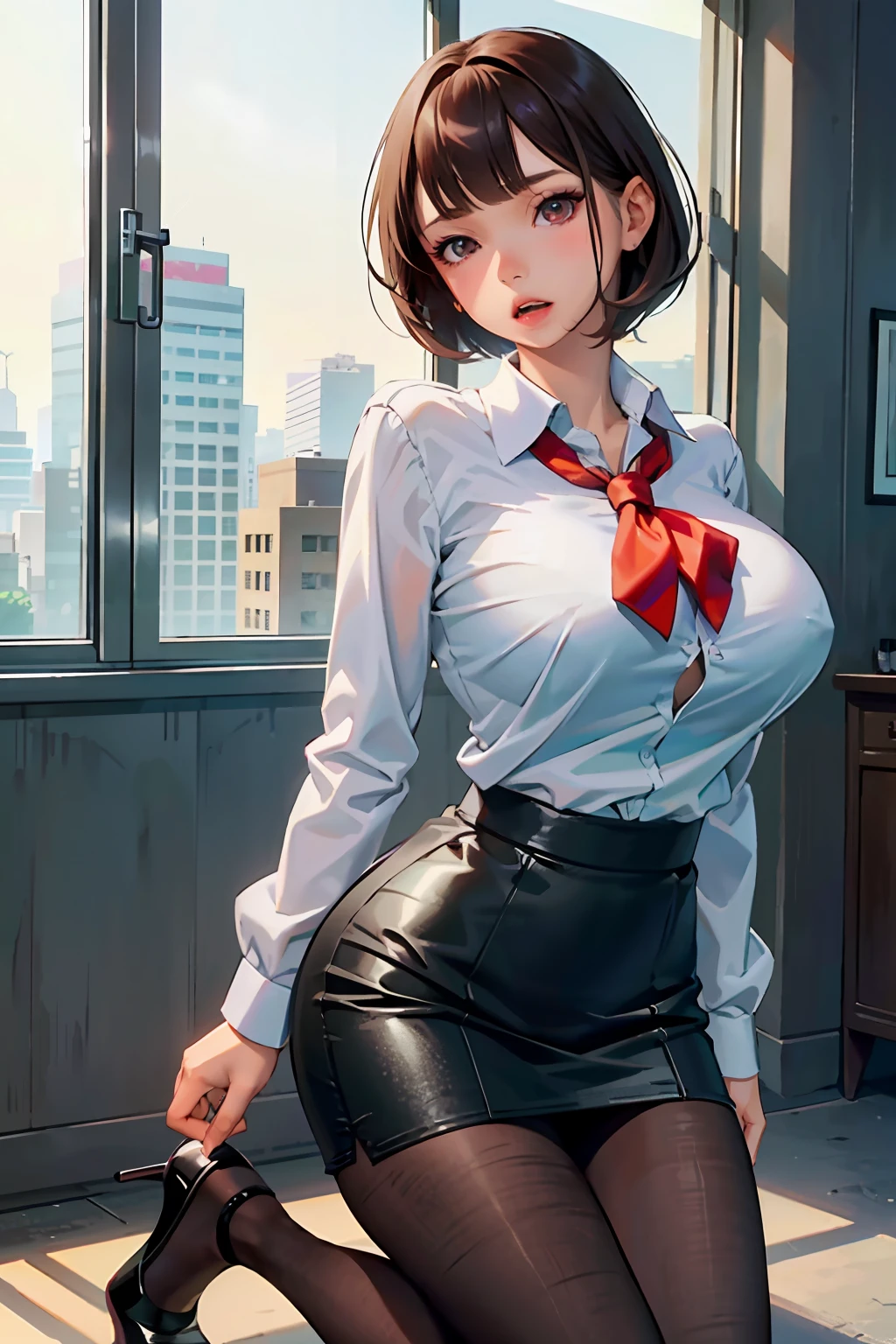 tmasterpiece,Best quality at best,1girll,Young girls,with brown eye,short detailed hair,(A detailed eye,Scintling pool,Mature women,Heavy makeup,Facial flushing,Slightly open mouth),shiny skins,(nice leg line:1.3),Big breasts Thin waist,Huge breasts
break
school uniform,tiese,(pencil skirts)),high heels
break
office,There were a few men around,looking at viewert,Kneeling,from back,Hands are tied