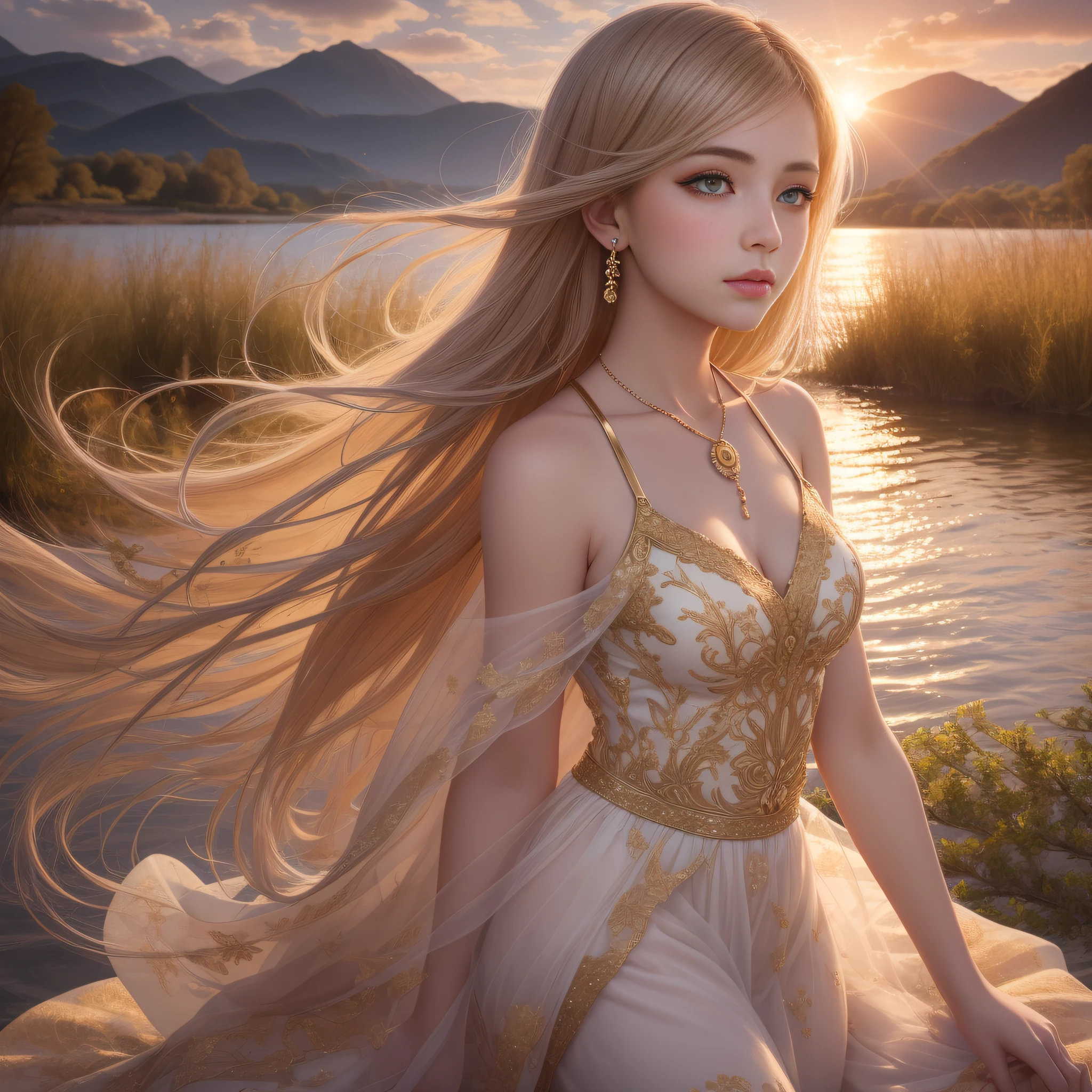 1 girl, serene expression, mesmerizing eyes, straight long hair, flowing dress, poised posture, porcelain skin, subtle blush, crystal pendant
BREAK
golden hour, (rim lighting):1.2, warm tones, sun flare, soft shadows, vibrant colors, painterly effect, dreamy atmosphere
BREAK
scenic lake, distant mountains, willow tree, calm water, reflection, sunlit clouds, peaceful ambiance, idyllic sunset, ultra detailed, official art, unity 8k wallpaper
, zentangle, mandala