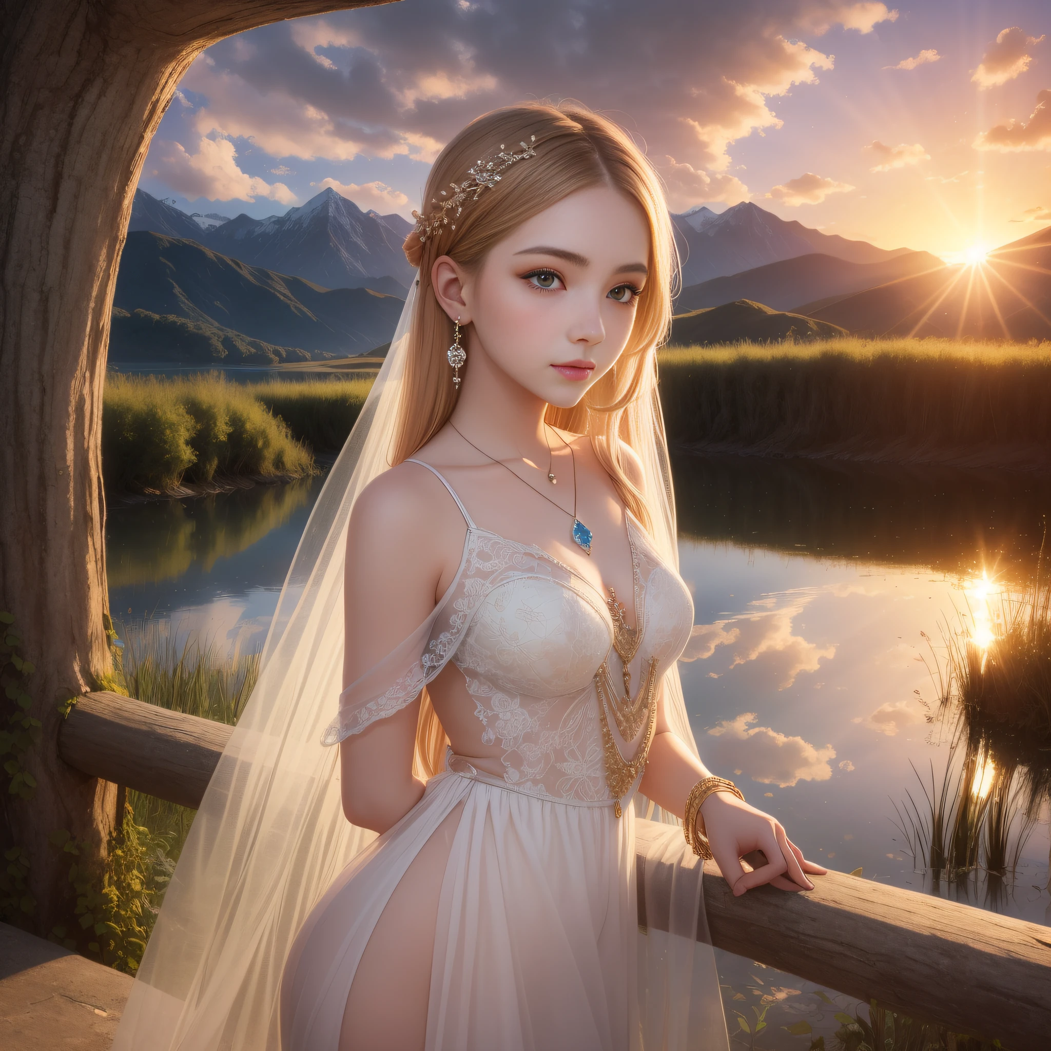 1 girl, serene expression, mesmerizing eyes, straight long hair, flowing dress, poised posture, porcelain skin, subtle blush, crystal pendant
BREAK
golden hour, (rim lighting):1.2, warm tones, sun flare, soft shadows, vibrant colors, painterly effect, dreamy atmosphere
BREAK
scenic lake, distant mountains, willow tree, calm water, reflection, sunlit clouds, peaceful ambiance, idyllic sunset, ultra detailed, official art, unity 8k wallpaper
, zentangle, mandala