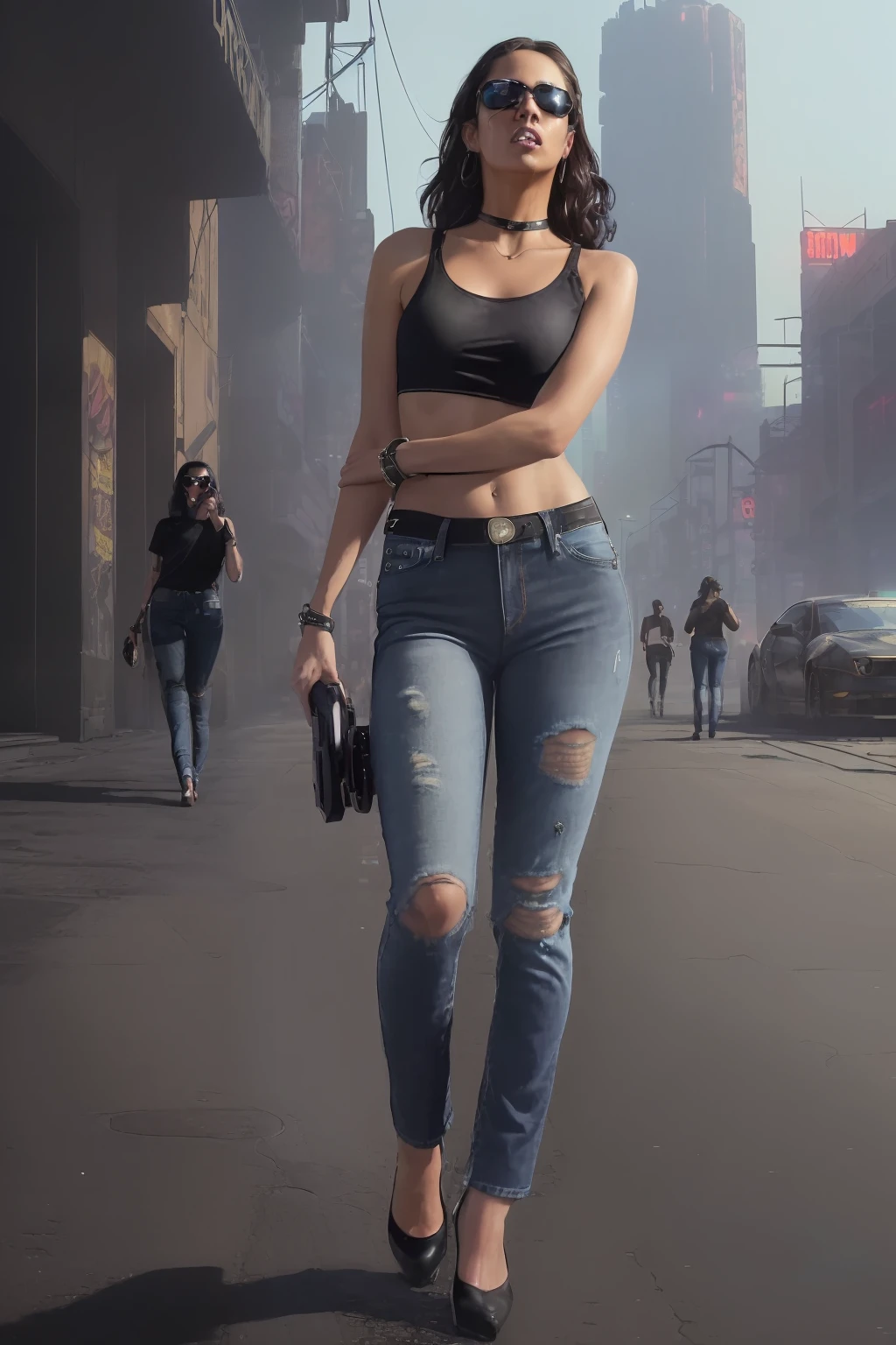 erotic oil painting of jenna, a woman (walking on the street), (((Black waist length tee-shirt, round neck plain Tee-shirt, perfect thighs, (cyberpunk street background), atmospheric lighting, cinematic composition, concept art, digital illustration, detailed, art by brian m viveros and maciej kuciara and mark keathley, natural light, 4K, high-detail, ((perfect eyes)), (detailed pupils), (wearing dark blue jeans), short curly hair's, torn jeans skin thighs skin showing from torn jeans, wearing dark sunglasses