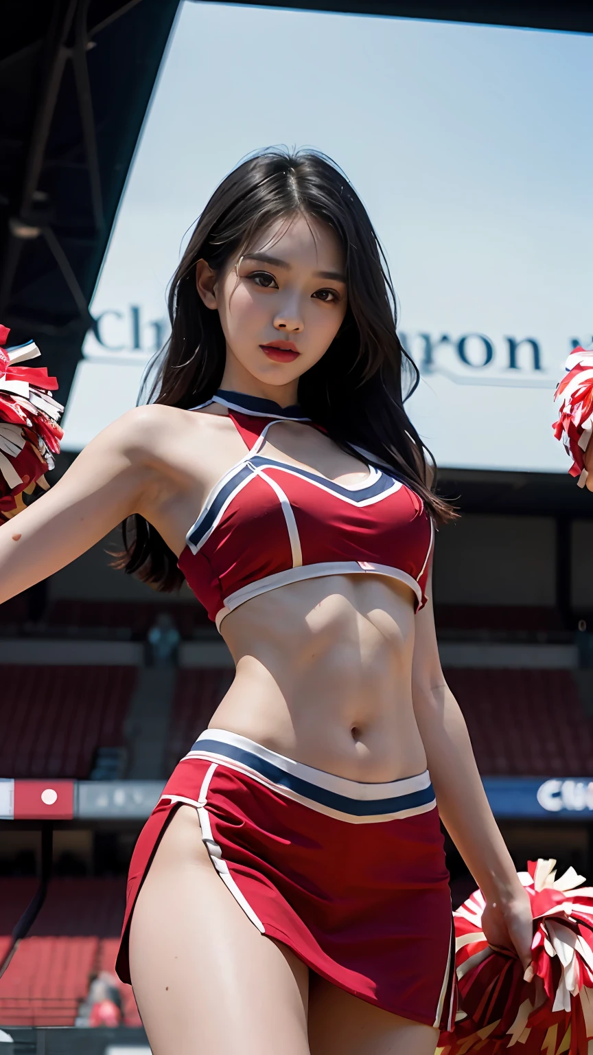 Slender Asian girl, kpop idol, ((CHEERLEADER)), ((top quality, 8k, masterpiece: 1.3)), crisp focus: 1.2, beautiful woman with perfect figure: 1.4, highly detailed face and skin texture, detailed eyes, ((skinny)), beautiful face, symmetrical face, full-length, sexy, almost naked