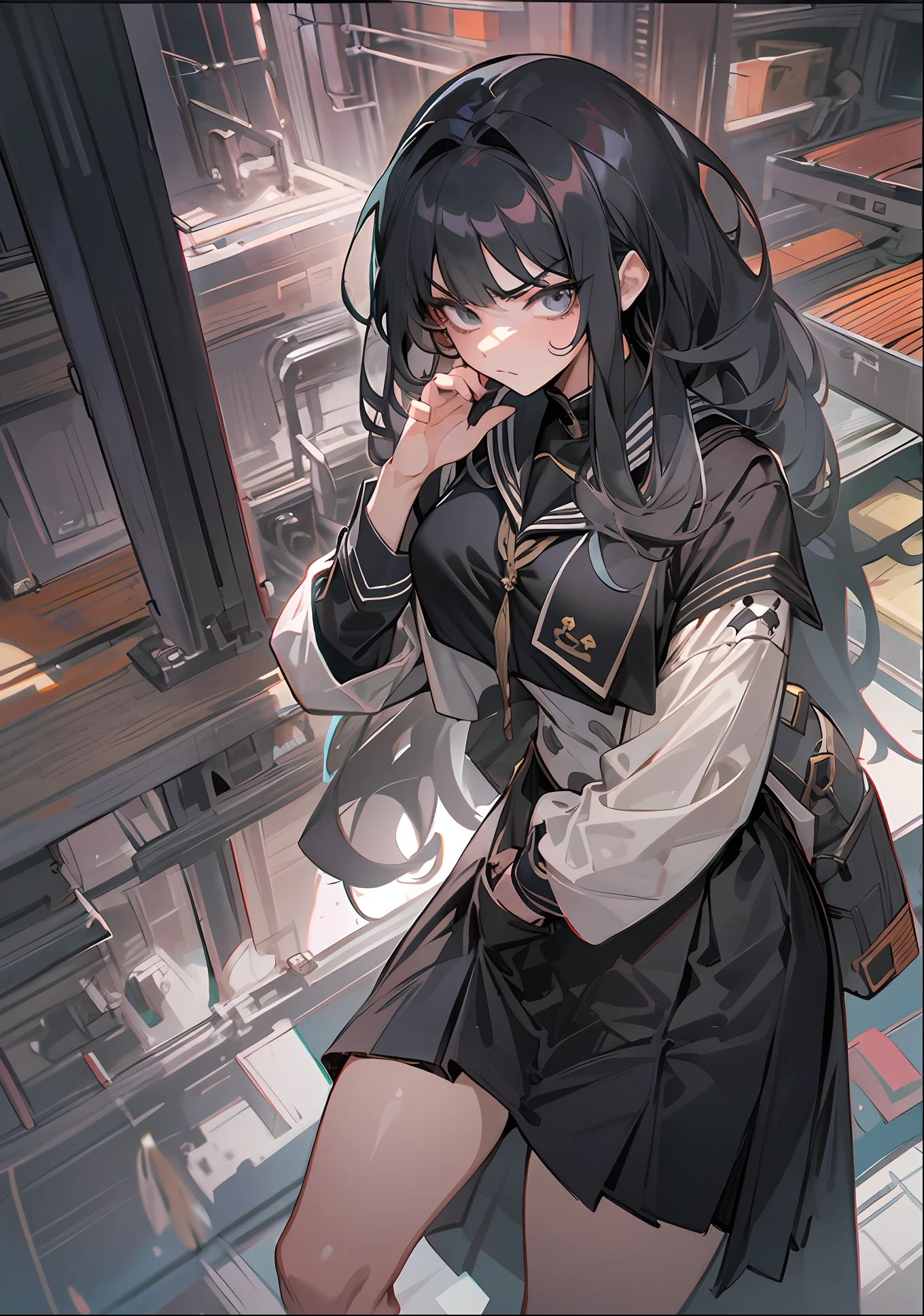 master piece,hyper quality, Hyper Detailed,Perfect drawing,nffsw,3D,in 8K,1 persons、a beauty girl,Wearing a black sailor suit with long black hair, pleatedskirt(Maxi skirt:1.3), standing with hands in her pockets, ((Glaring at me sharply, Condescending look from above)), Beautiful girl with an amazing face, long eyelashes, Slum、harems、(High heel sandals)、Dark eyeliner、Outrage、beatiful backgrounds、Detailed drawing、Accurate drawing、Anatomy of the human body、(((Shot from diagonally below)))、dignity、dignity、humble、domination、Strong surface