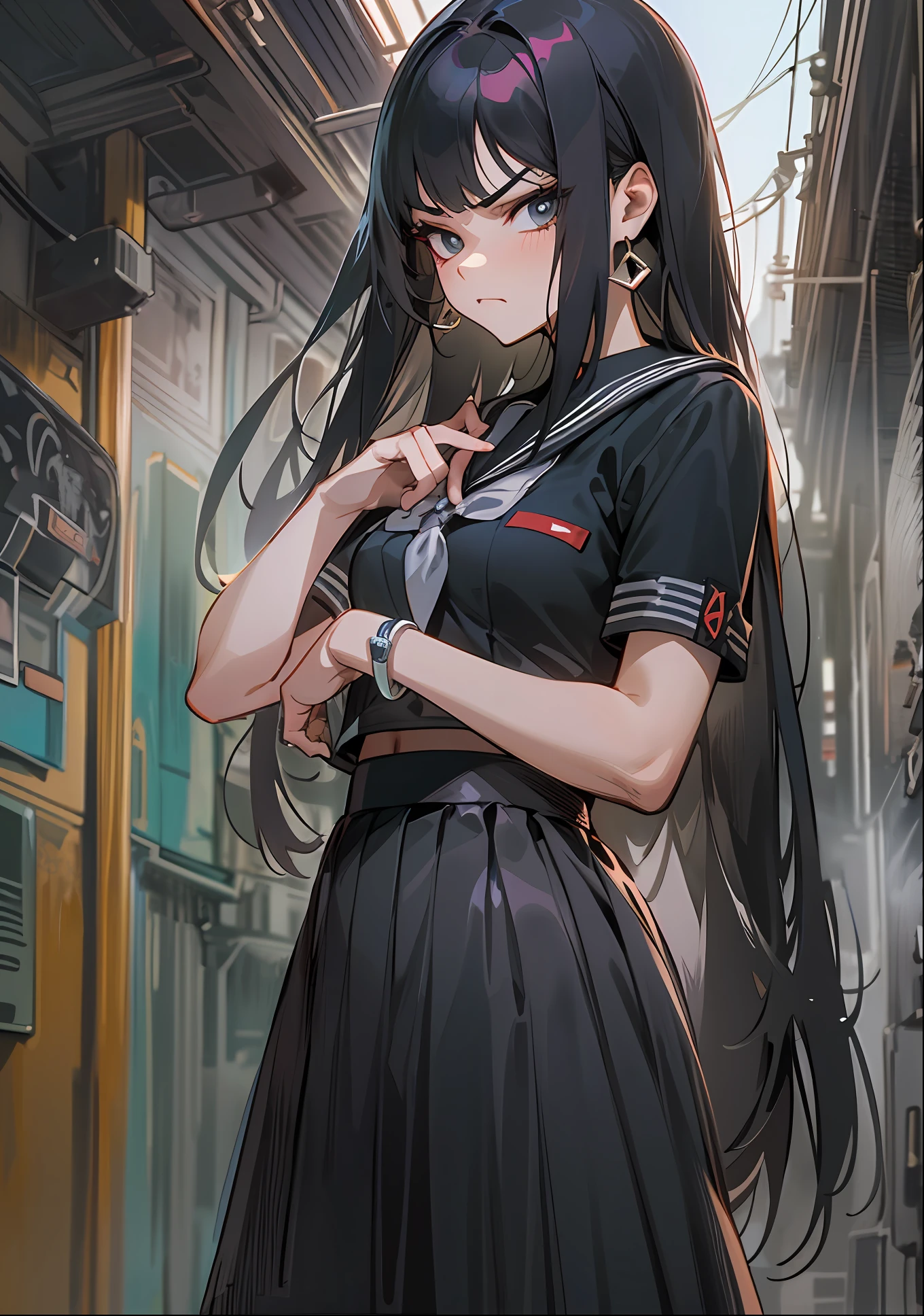 ​master piece,hyper quality, Hyper Detailed,Perfect drawing,nffsw,3D,in 8K,1 persons、a beauty girl,Wearing a black sailor suit with long black hair, pleatedskirt(Maxi skirt:1.3), standing with hands in her pockets, ((Glaring at me sharply, Condescending look from above)), Beautiful girl with an amazing face, long eyelashes, Slum、harems、(High heel sandals)、Dark eyeliner、Outrage、beatiful backgrounds、Detailed drawing、Accurate drawing、Anatomy of the human body、(((Shot from diagonally below)))、dignity、dignity、humble、domination、Strong surface