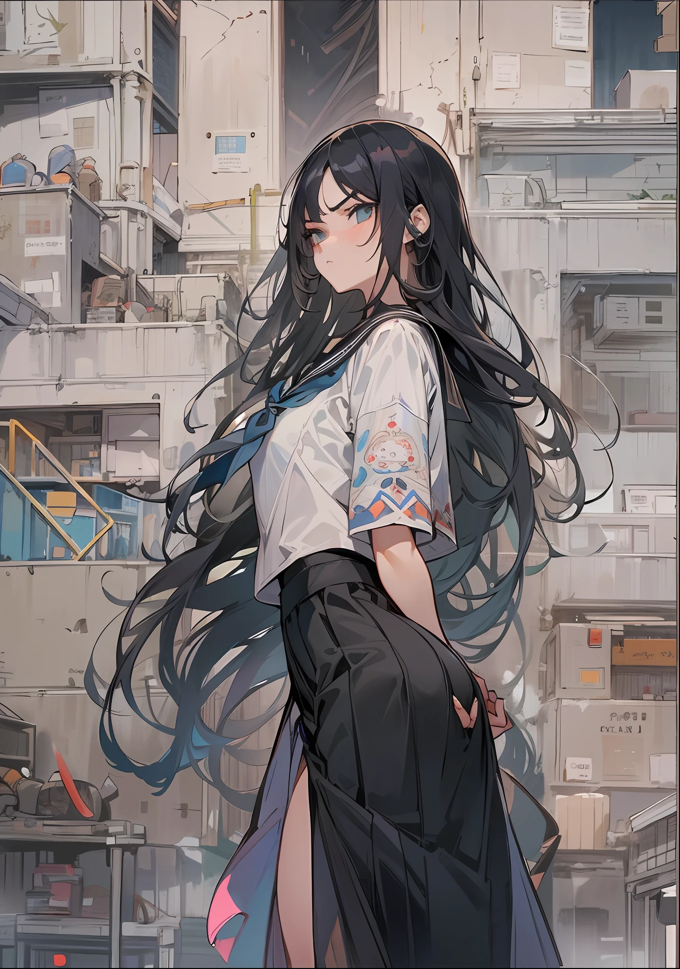 master piece,hyper quality, Hyper Detailed,Perfect drawing,nffsw,3D,in 8K,1 persons、a beauty girl,Wearing a black sailor suit with long black hair, pleatedskirt(Maxi skirt:1.3), standing with hands in her pockets, ((Glaring at me sharply, Condescending look from above)), Beautiful girl with an amazing face, long eyelashes, Slum、harems、(High heel sandals)、Dark eyeliner、Outrage、beatiful backgrounds、Detailed drawing、Accurate drawing、Anatomy of the human body、(((Shot from diagonally below)))、dignity、dignity、humble、domination、Strong surface
