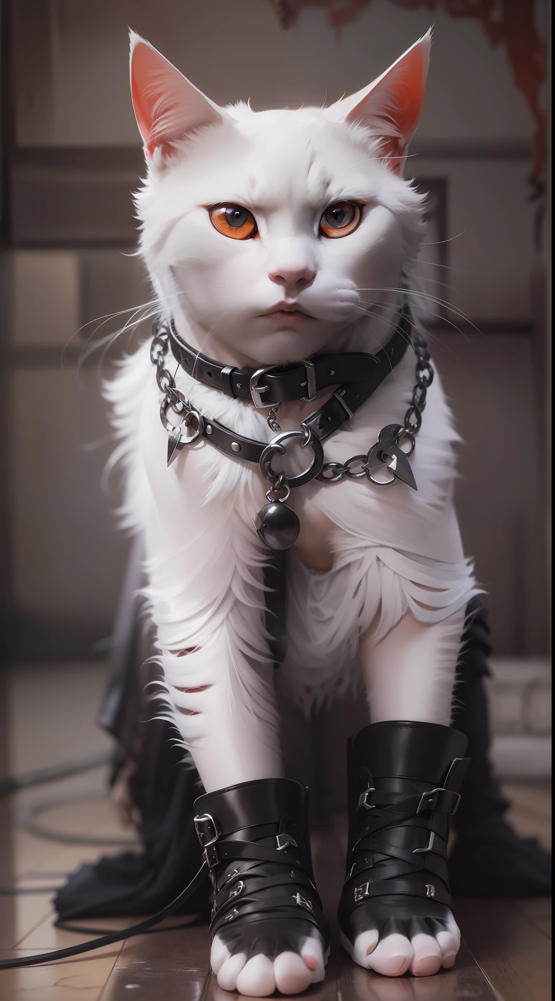 white color hair，red color eyes，Cat lady，A collar is worn around his neck，On his head he wears a black sharp crown，An expression of shame，Kneel on the black floor，There are anklets on the feet，Wearing a black leather jacket，