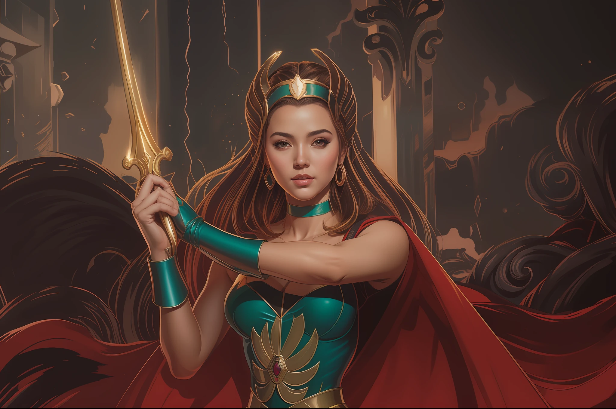 um close up de uma mulher em um vestido branco segurando uma espada, Ela - RA, Ela-Ra, A Deusa Hera parecendo irritada, Retrato de Darna moderno, A Princesa do Poder, A Deusa Hera parecendo irritada, Frank Cho, quadrinhos artgerm, do poder, artgerm', Estilo Ivan Talavera e Artgerm