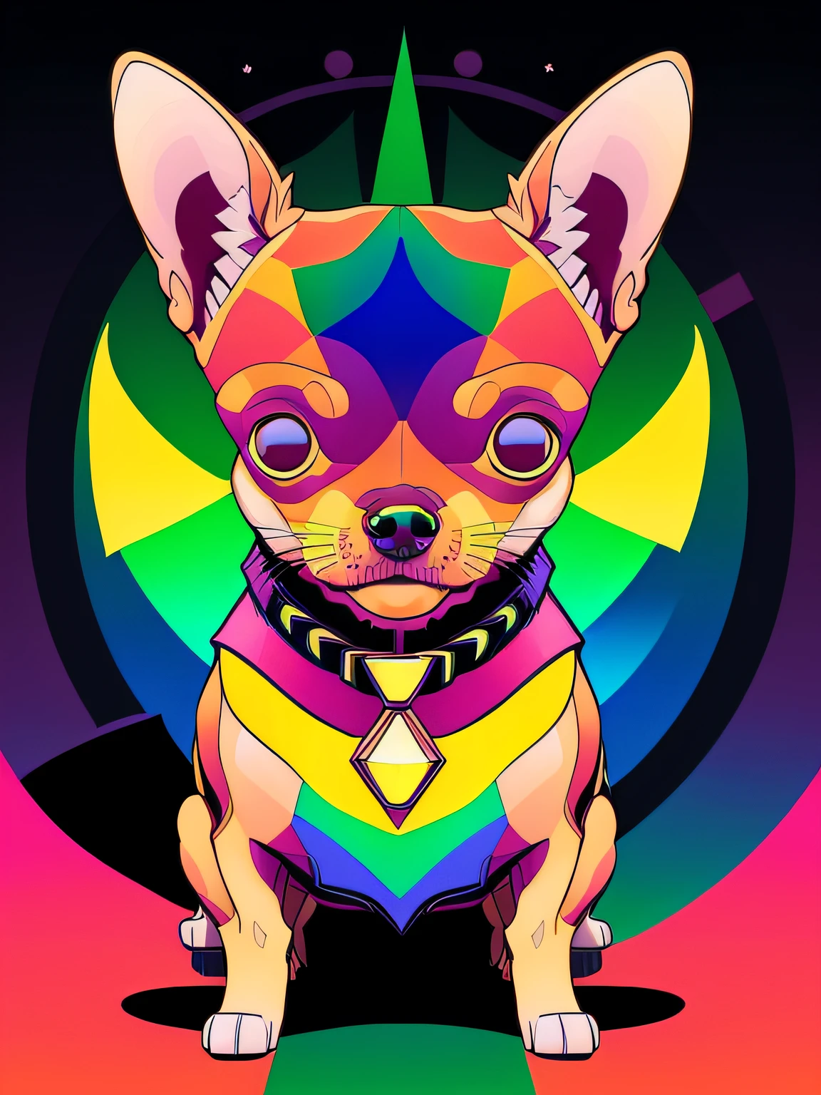 Vector-art of a (chihuahua in rainbow colors with a geometric twist: 1.3). Use geometric shapes and patterns to compose the chihuahua's body and fur, incorporating the various colors of the rainbow seamlessly into the design, (ultradetailed eyes: 1.2). Play with angles and lines to create a dynamic and visually intriguing artwork. You can add a bold and contrasting background to make the chihuahua stand out even more. This style should be contemporary and eye-catching, isolated, black background, in the style of 0mib