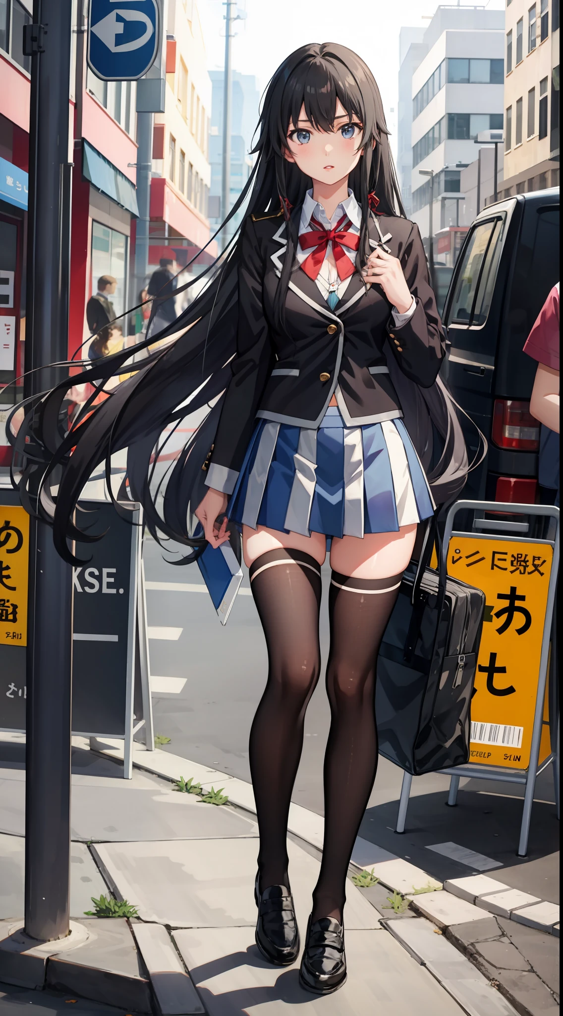 Yukino yukinoshita, long hair,  medium breast, cleavage, navel, slim legs, black hair, blue eyes,  short skirt, school uniform, thigh high socks