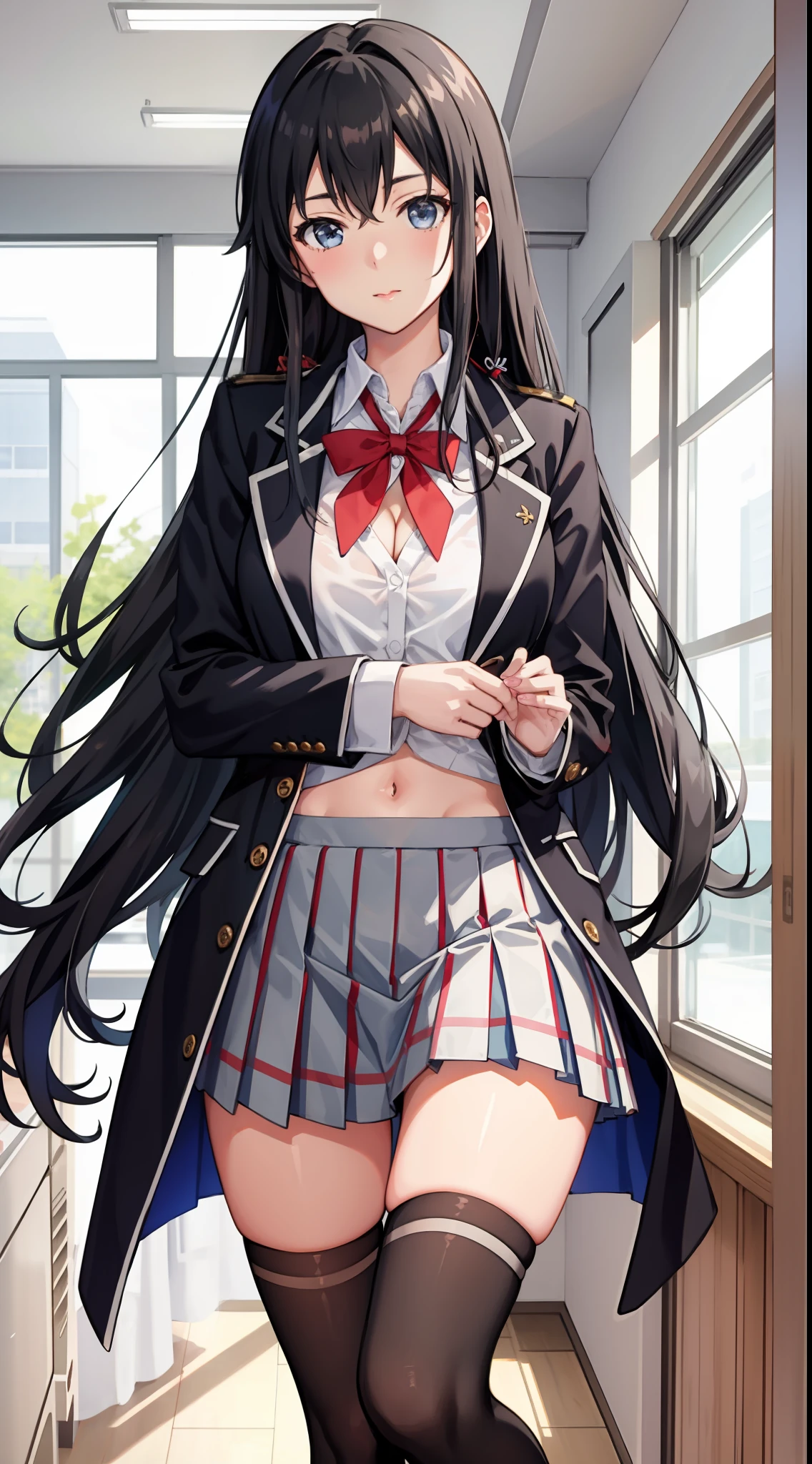 Yukino yukinoshita, long hair, medium breast, cleavage, navel, slim legs, black hair, blue eyes, short skirt, school uniform, thigh high socks