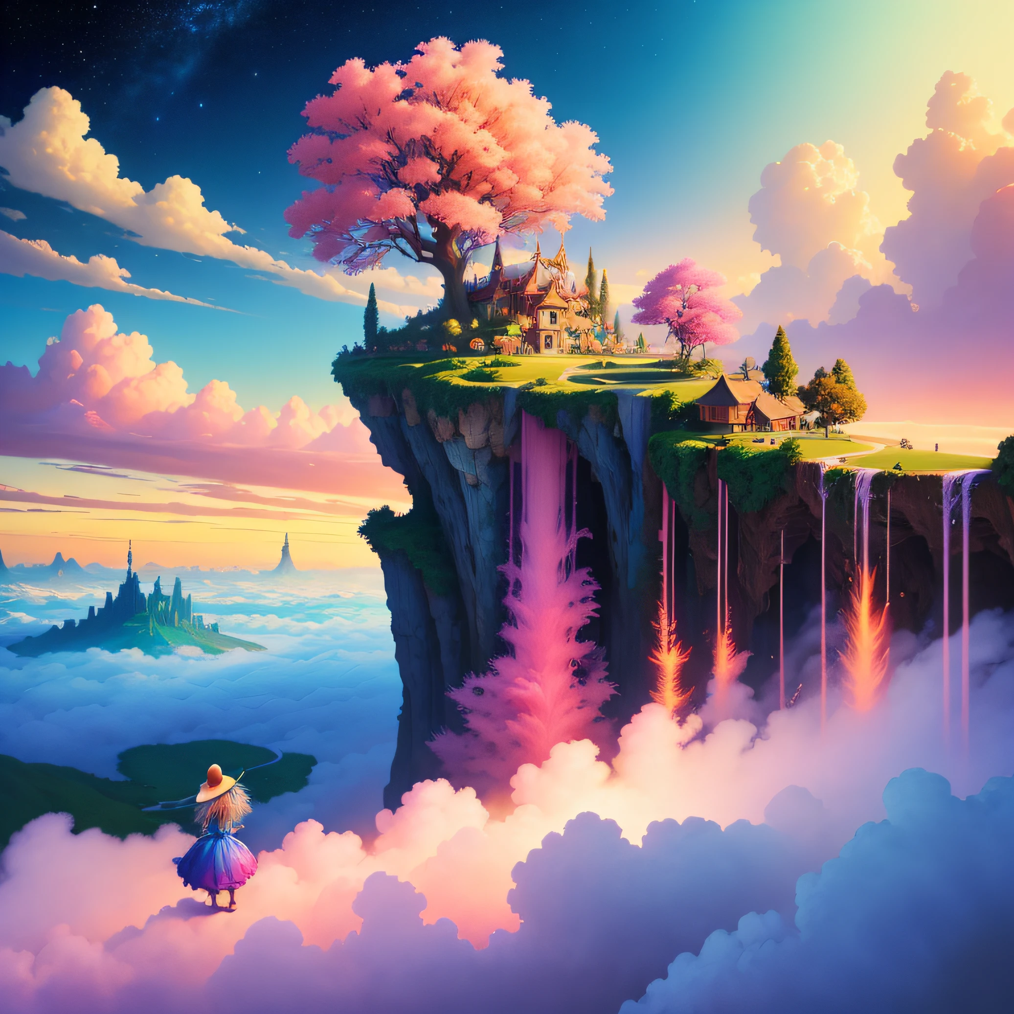 (pintura digital), (melhor qualidade),(ALTO contraste), colorfantasystyle a surreal view of the clouds, por Tom Froud, vencedor do concurso de arte surreal, oniric, nuvens rosas, rainbow skies, fofos, caprichosos, nuvens abstratas, fantasia, mundo dos sonhos, paisagens surreais, castelos de nuvens, jardins flutuantes, impossible structures, jardins secretos, terra dos anjos, A journey through a dream, enchanted skies, celestial, beleza misteriosa, mythical creatures, anjos