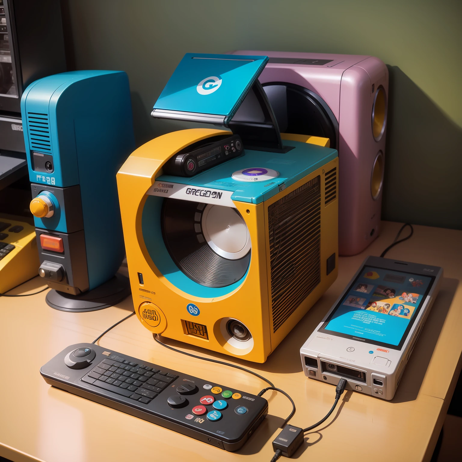old videogames, dragon ball, pokemon, orkut, cartridges, old computers, old phones and cassetes, things that were popular in the 1990s and early 2000s, Super Mario Bros, Sonic the Hedgehog, Tetris, Nintendo, Sega, Game Boy, Dragon Ball Z, Pokemon, Digimon, Orkut, MSN Messenger, ICQ, Walkman, Discman, MP3 player, floppy disks, CDs, USB drives, bulky desktop computer, a dial-up modem, Flip phone. stickers , Cartoon style
