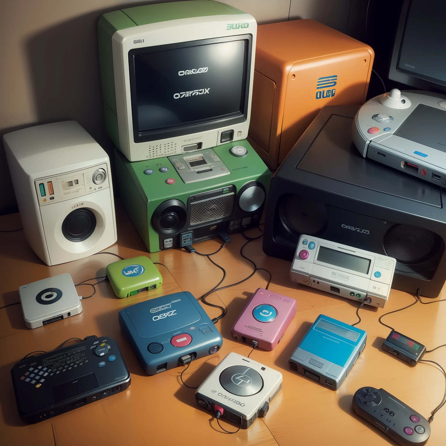 old videogames, dragon ball, pokemon, orkut, cartridges, old computers, old phones and cassetes, things that were popular in the 1990s and early 2000s, Super Mario Bros, Sonic the Hedgehog, Tetris, Nintendo, Sega, Game Boy, Dragon Ball Z, Pokemon, Digimon, Orkut, MSN Messenger, ICQ, Walkman, Discman, MP3 player, floppy disks, CDs, USB drives, bulky desktop computer, a dial-up modem, Flip phone. stickers , Cartoon style